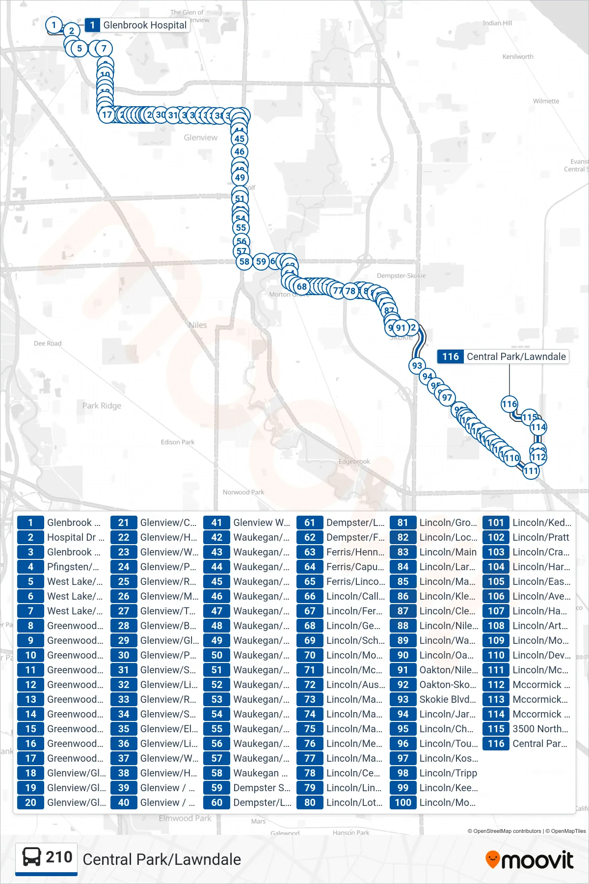 210 bus Line (Central Park/Lawndale) route and stops on a map