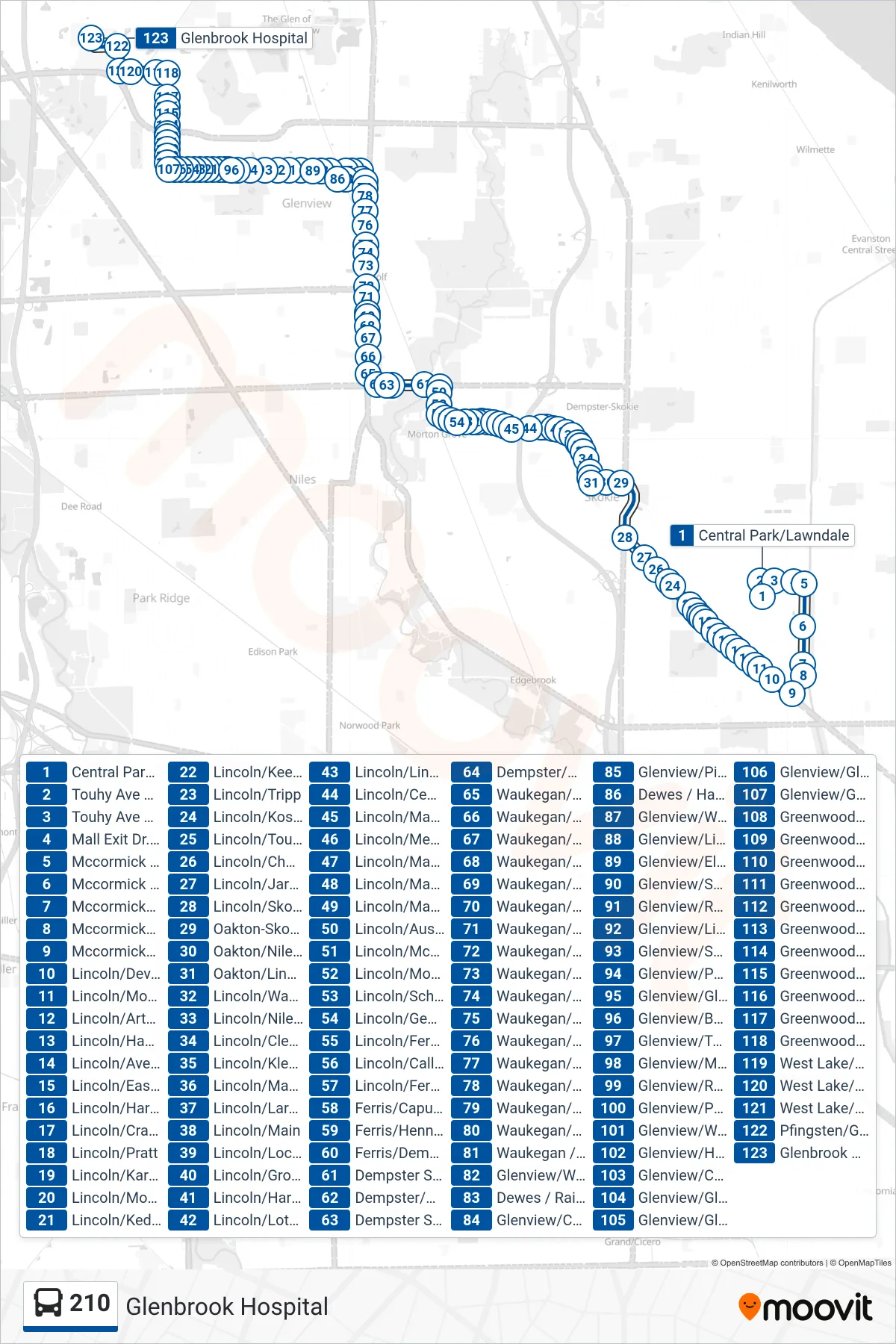 210 bus Line (Glenbrook Hospital) route and stops on a map