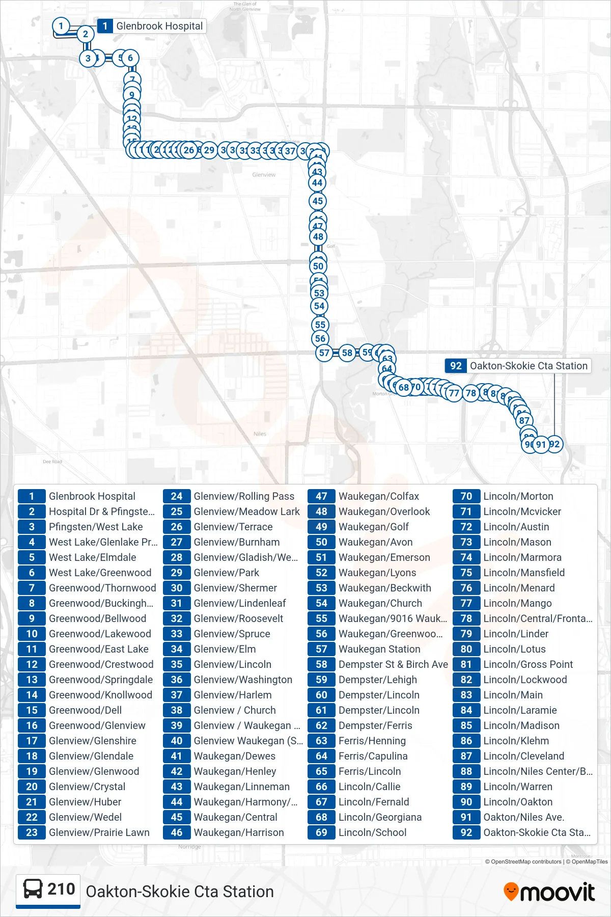 210 bus Line (Oakton-Skokie Cta Station) route and stops on a map