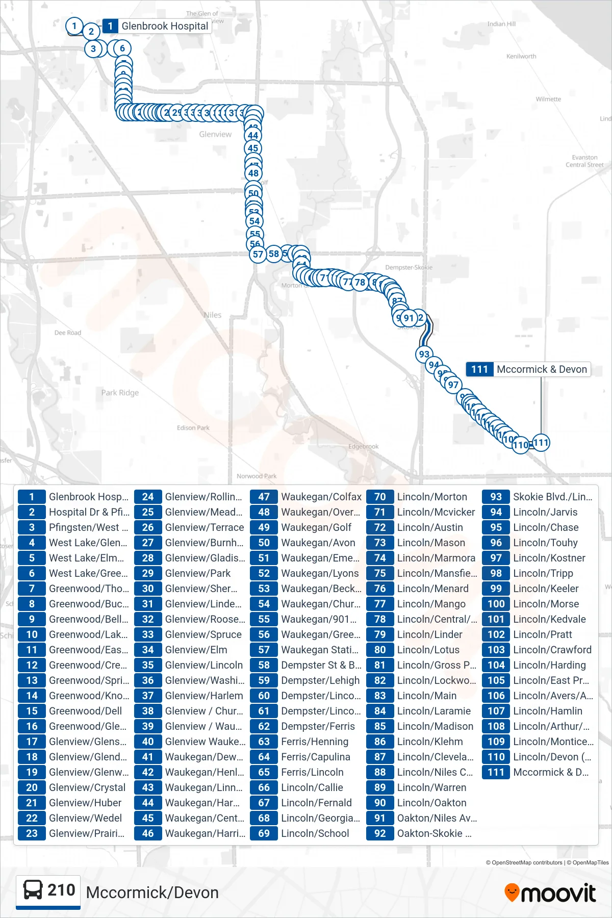 210 bus Line (Mccormick/Devon) route and stops on a map