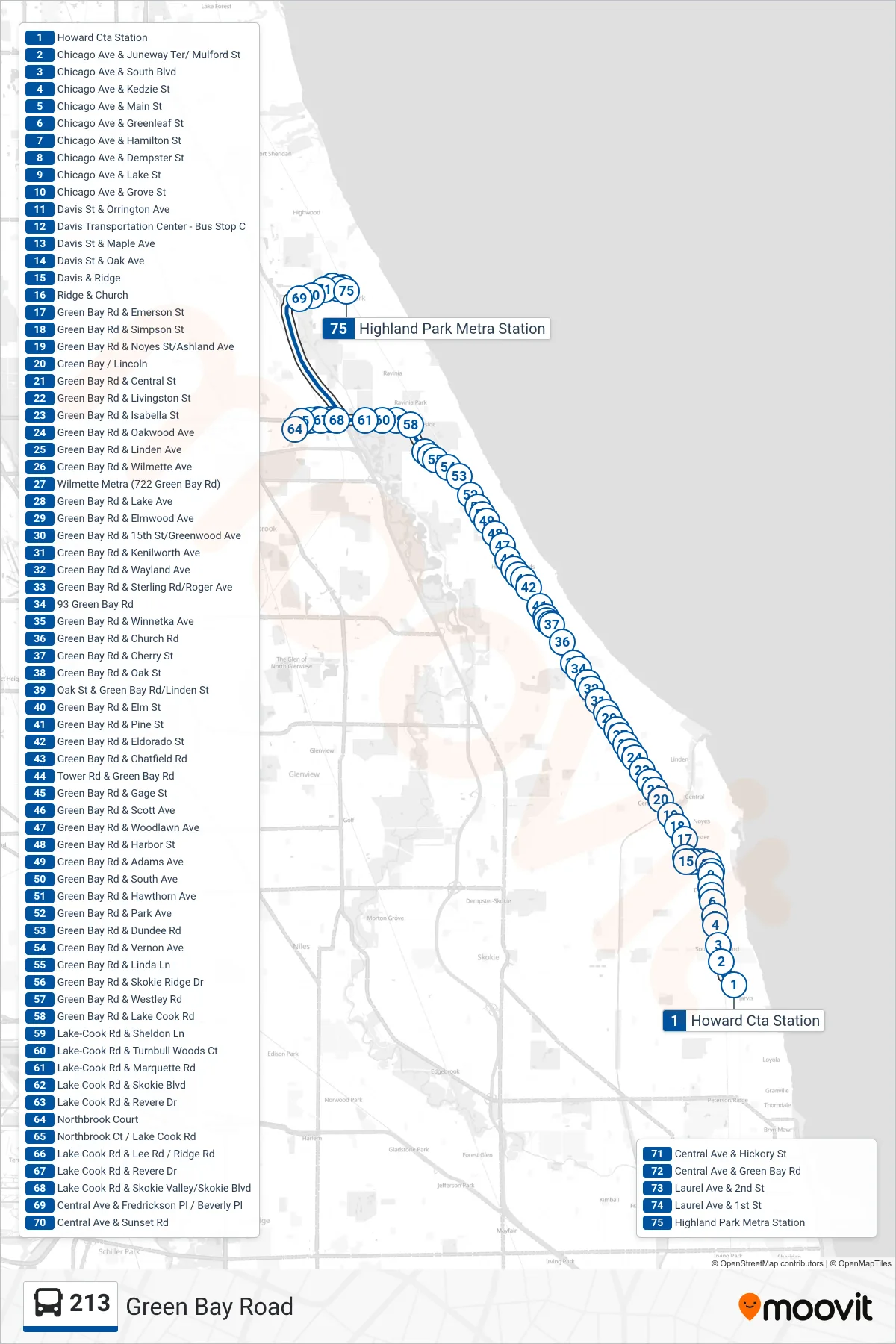 213 bus Line (Highland Park Metra Station) route and stops on a map