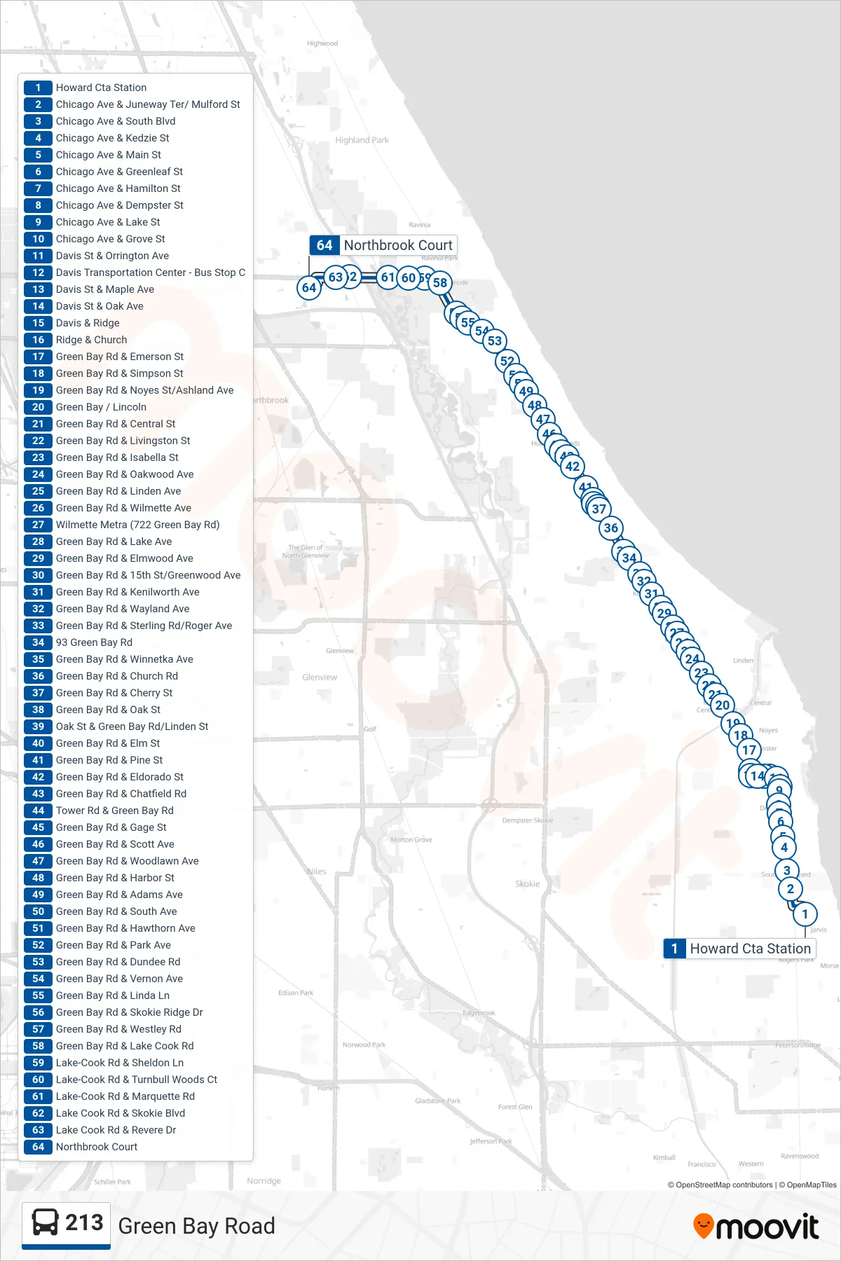 213 bus Line (Northbrook Court) route and stops on a map