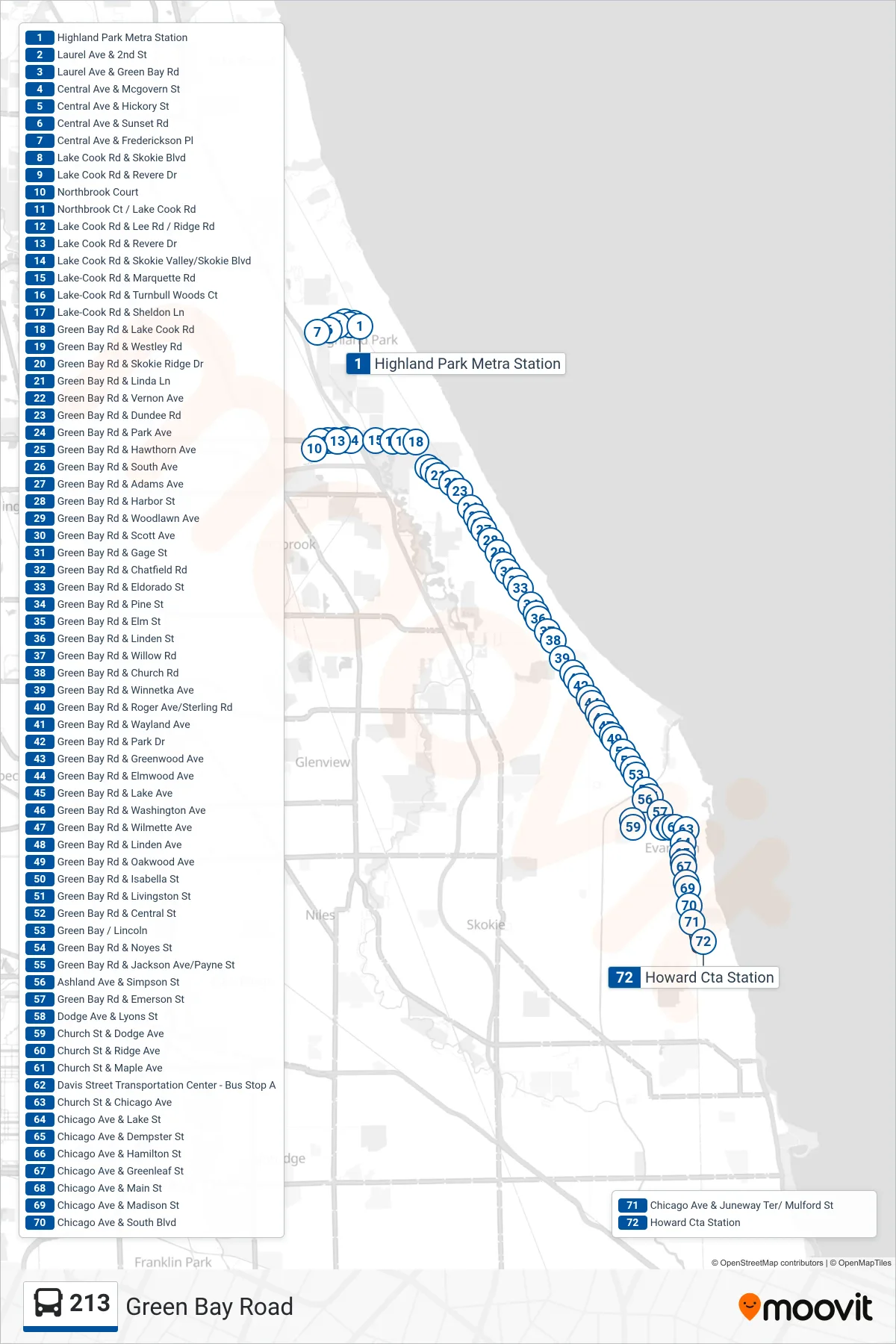213 bus Line (Howard Cta Station) route and stops on a map