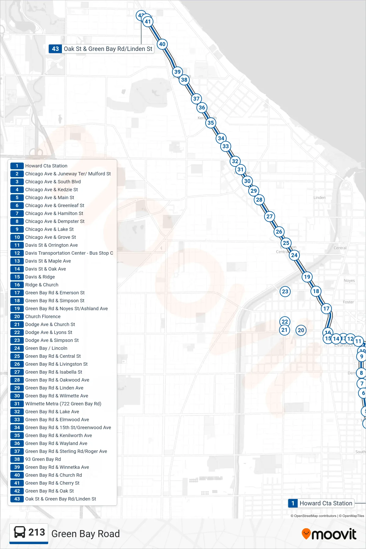 213 bus Line (Oak St & Green Bay Rd/Linden St) route and stops on a map