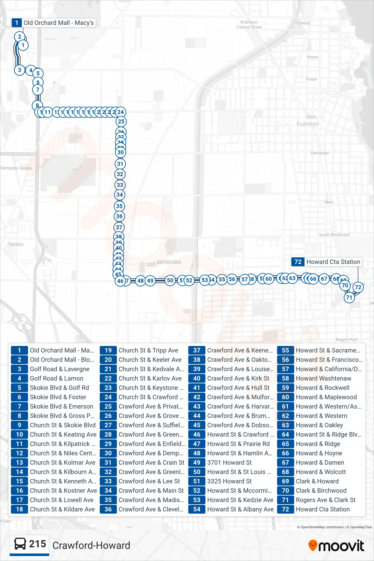 215 bus Line (Howard Cta Station) route and stops on a map