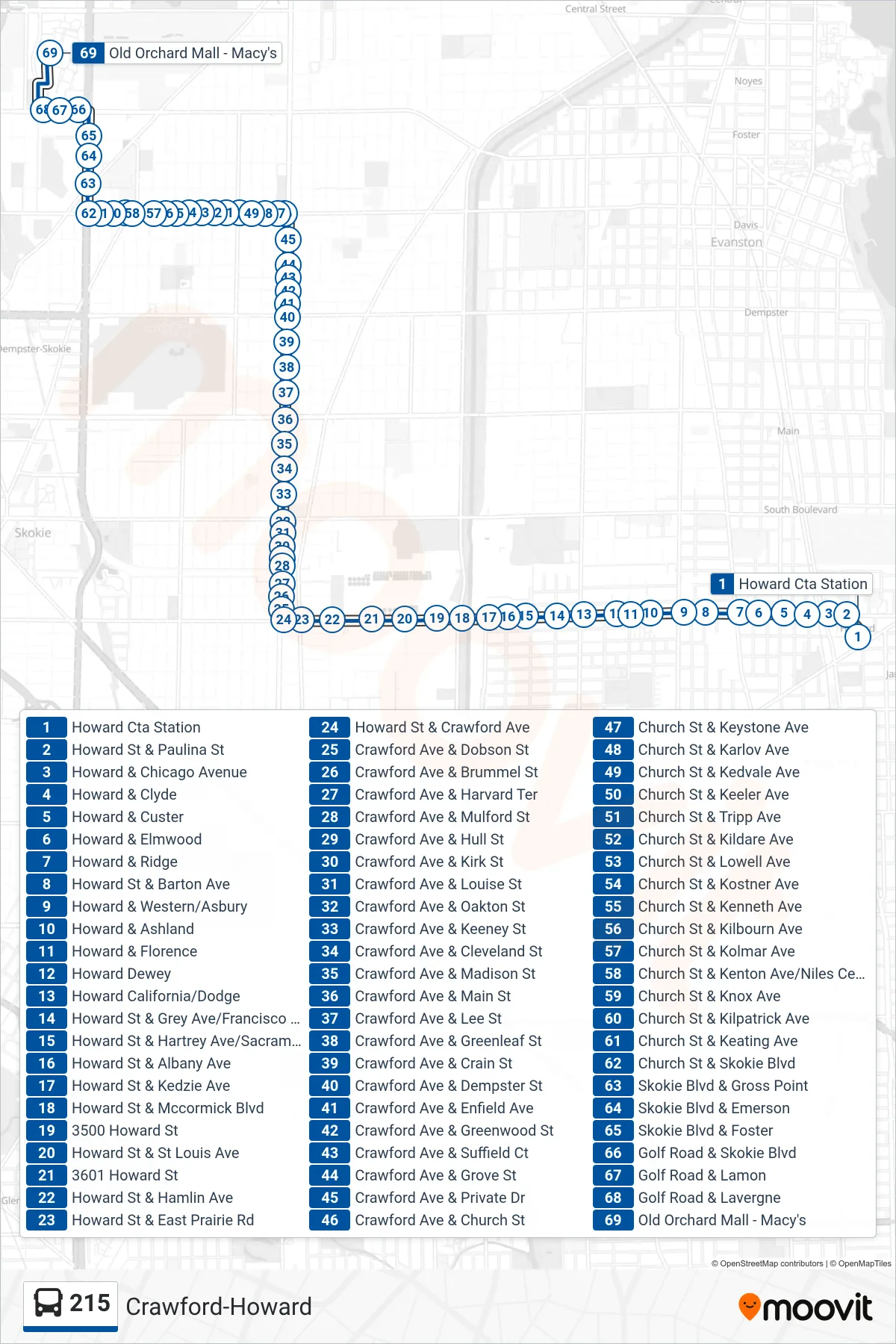 215 bus Line (Old Orchard Mall - Macy's) route and stops on a map