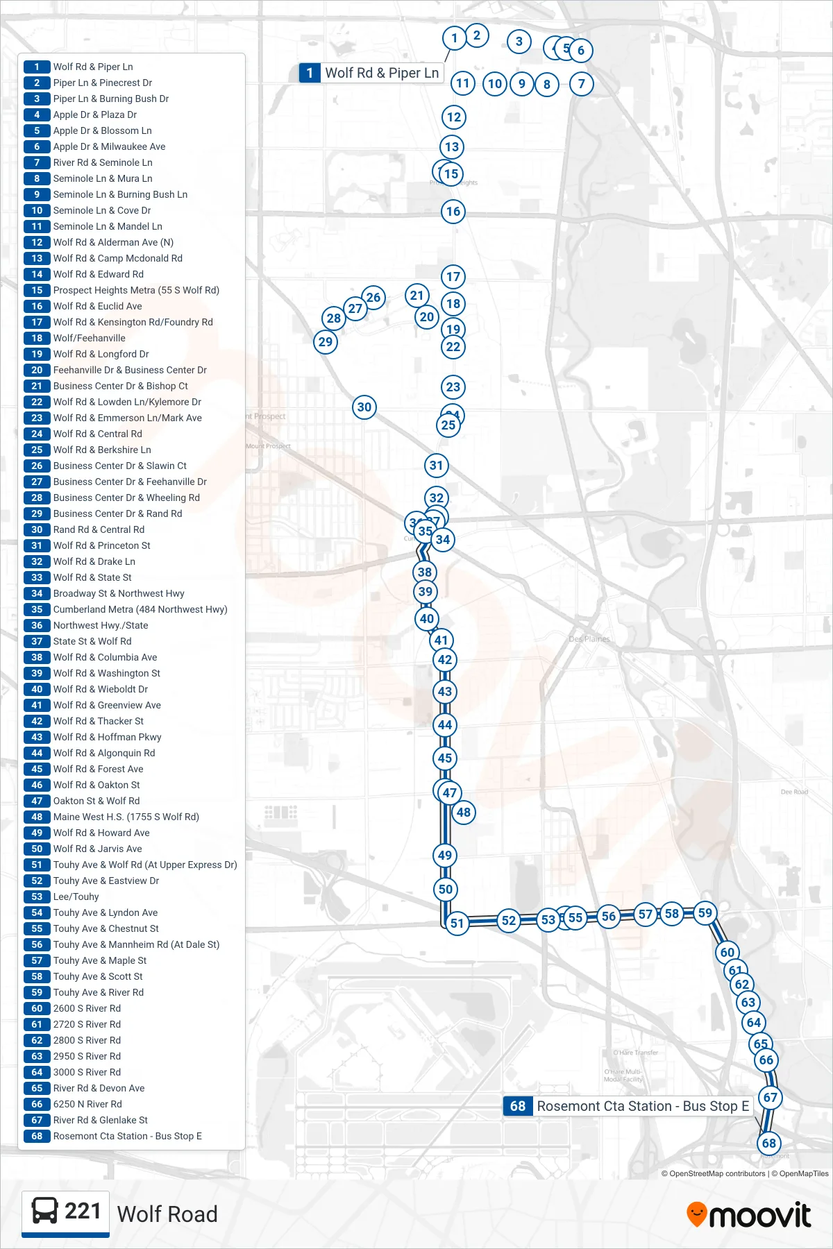 221 bus Line (Rosemont Cta Station - Bus Stop E) route and stops on a map