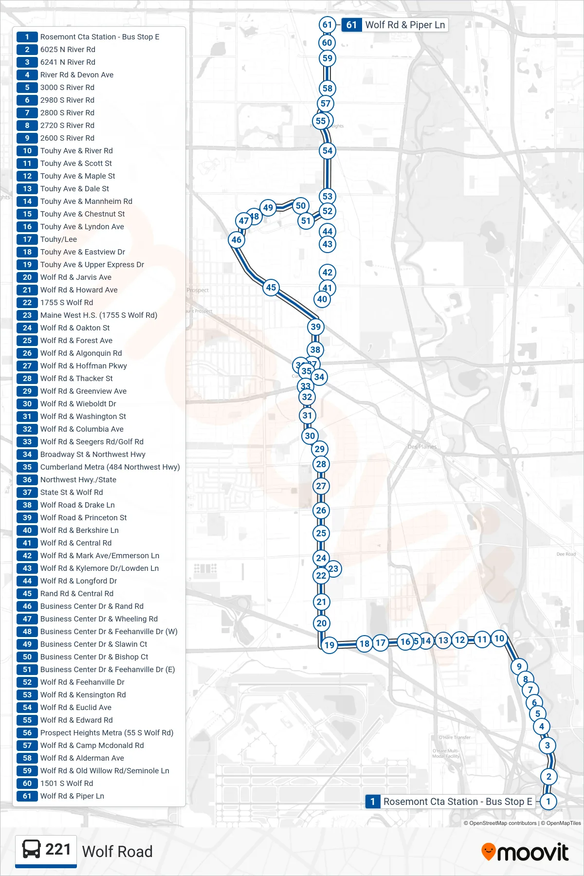 221 bus Line (Wolf Rd & Piper Ln) route and stops on a map