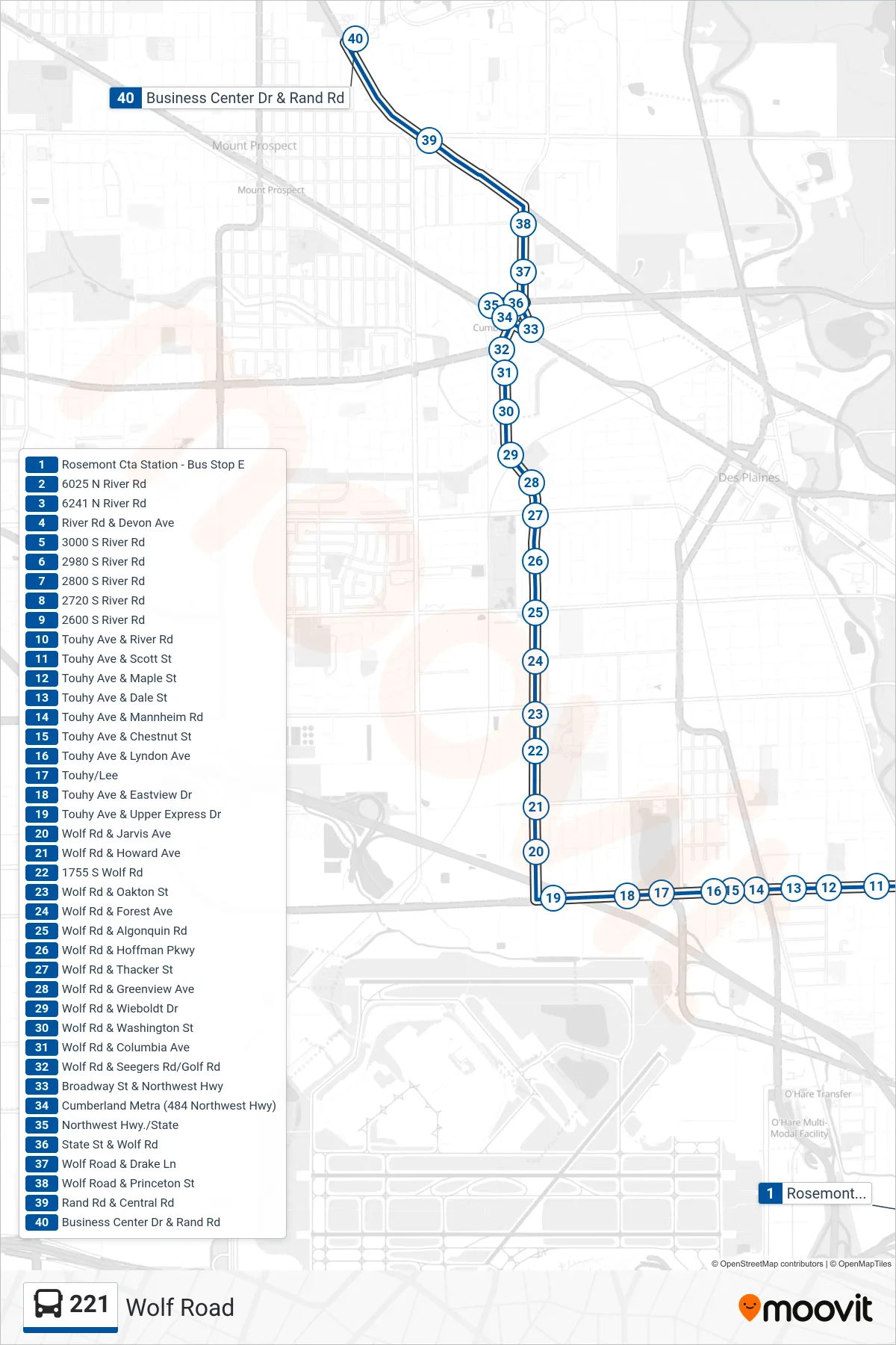 221 bus Line (Business Center Dr & Rand Rd) route and stops on a map