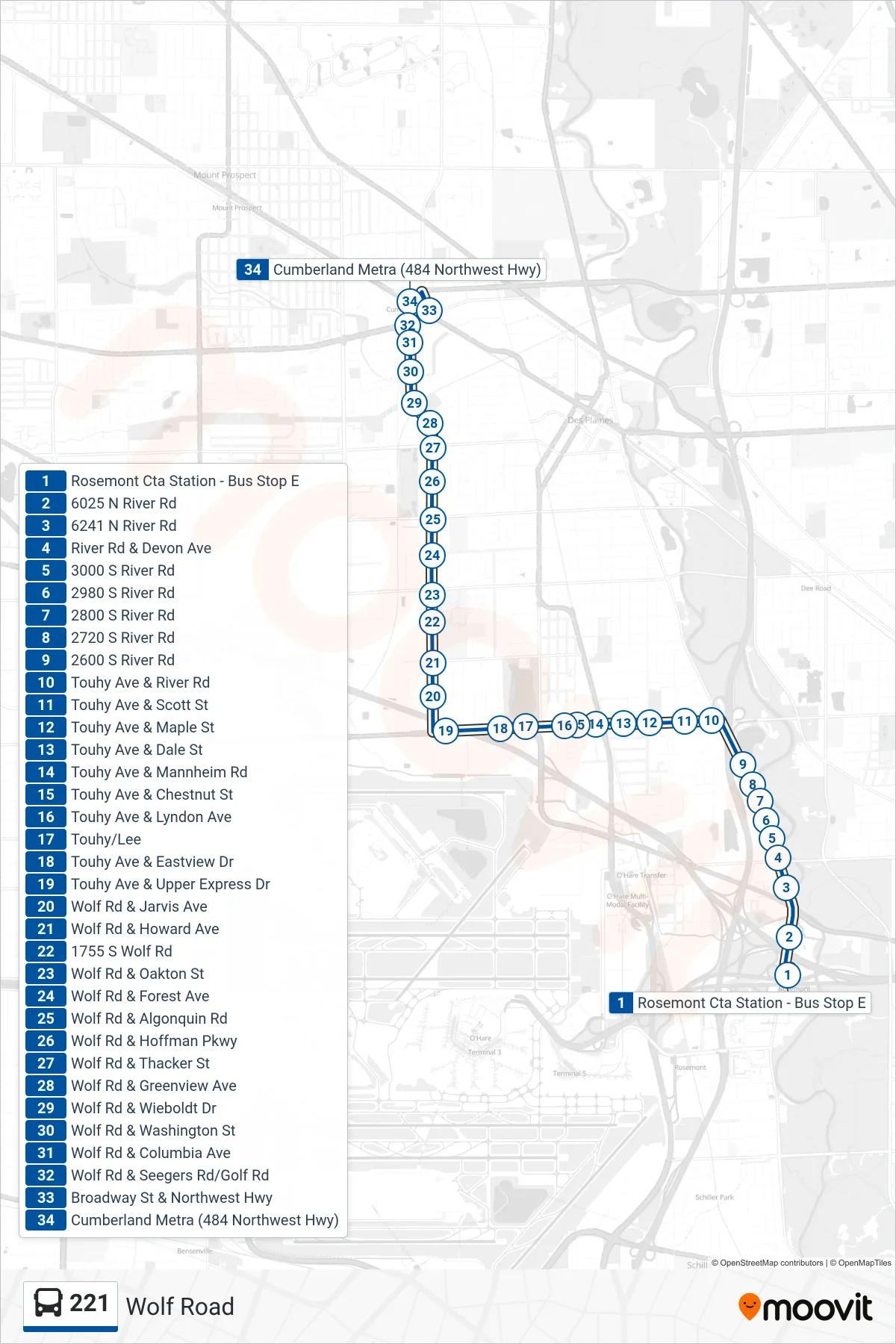221 bus Line (Cumberland Metra (484 Northwest Hwy)) route and stops on a map