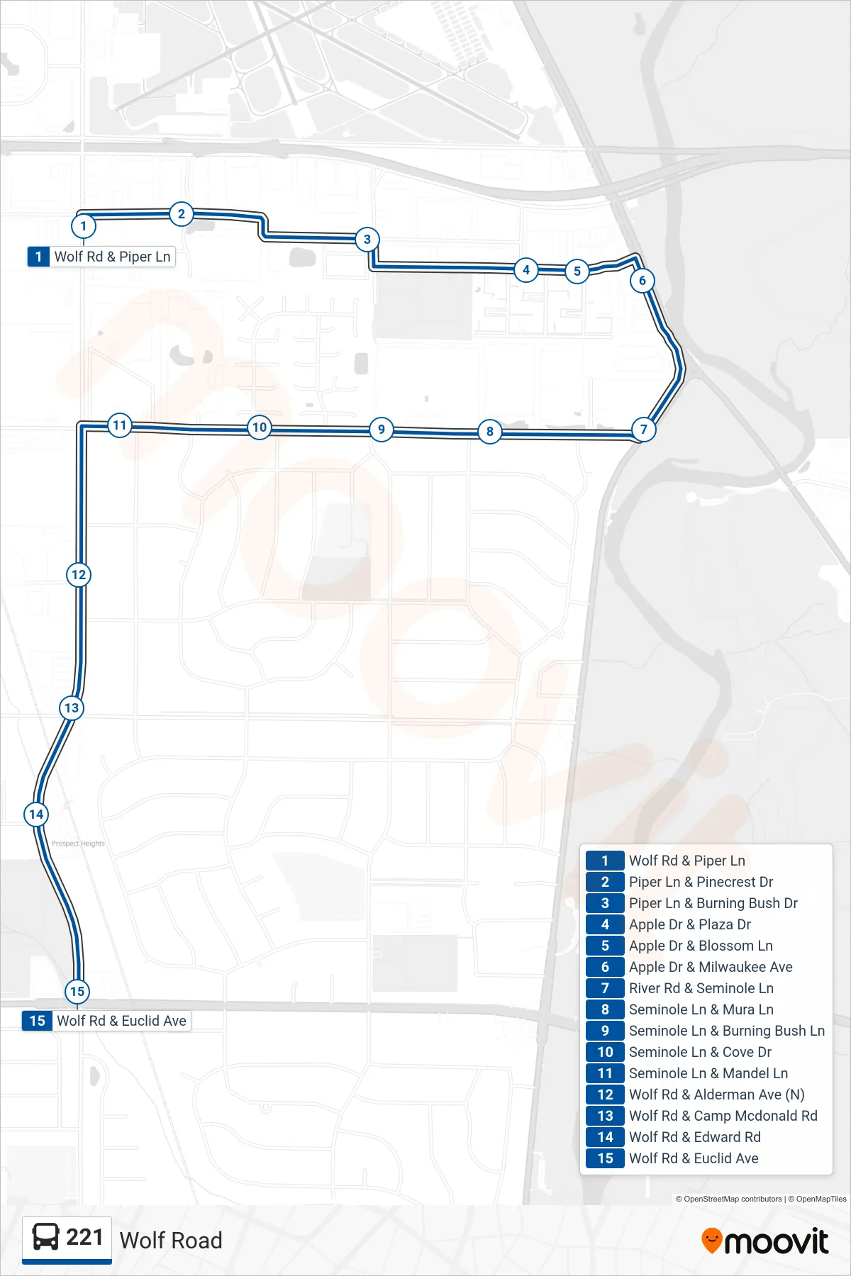221 bus Line (Wolf Rd & Euclid Ave) route and stops on a map
