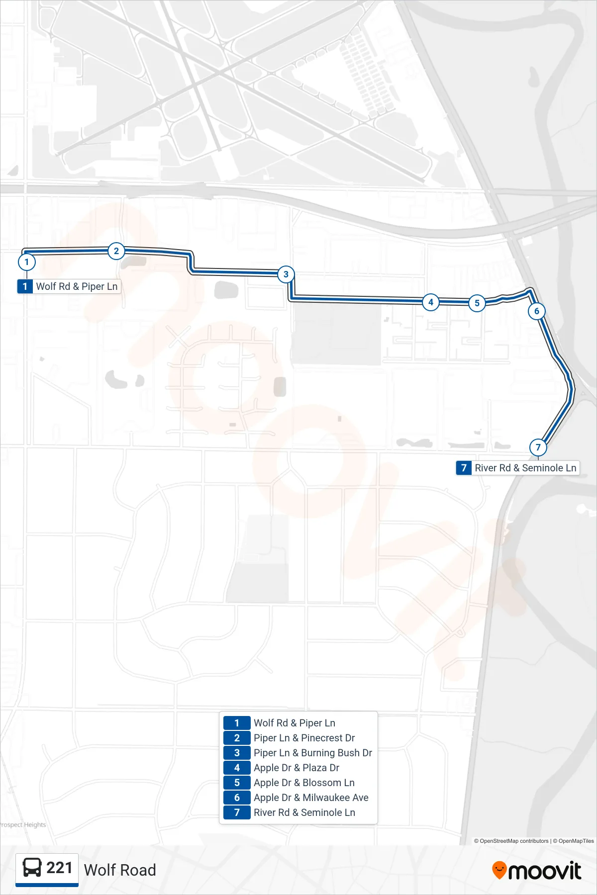 221 bus Line (River Rd & Seminole Ln) route and stops on a map