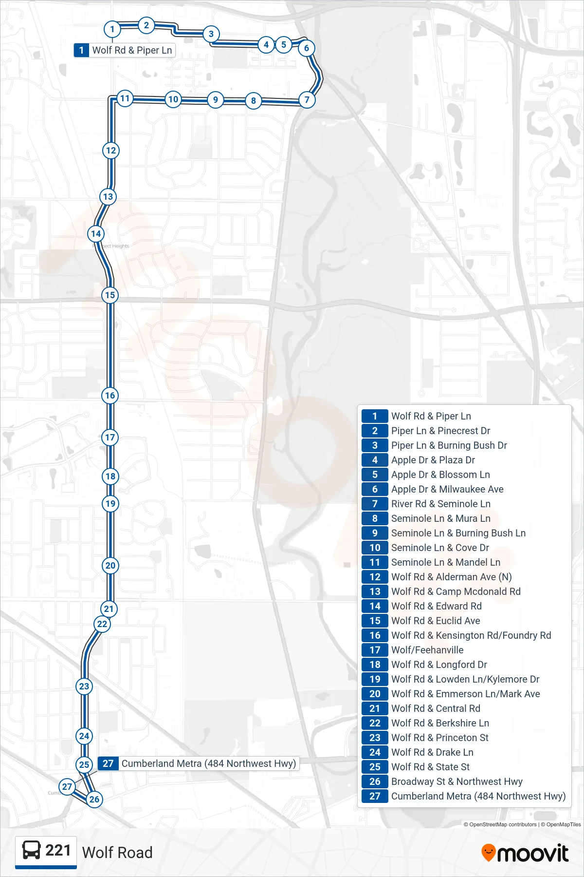 221 bus Line (Cumberland Metra (484 Northwest Hwy)) route and stops on a map