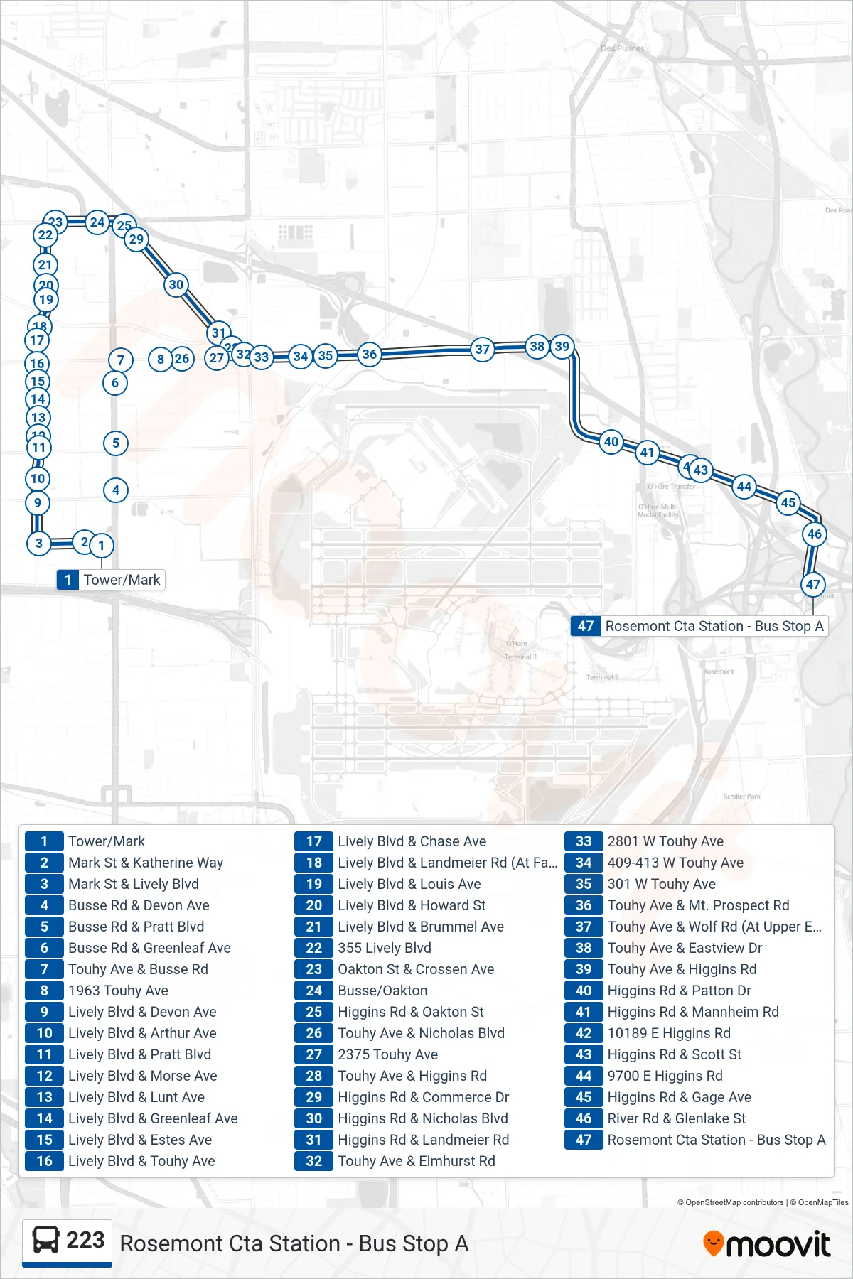 223 bus Line (Rosemont Cta Station - Bus Stop A) route and stops on a map