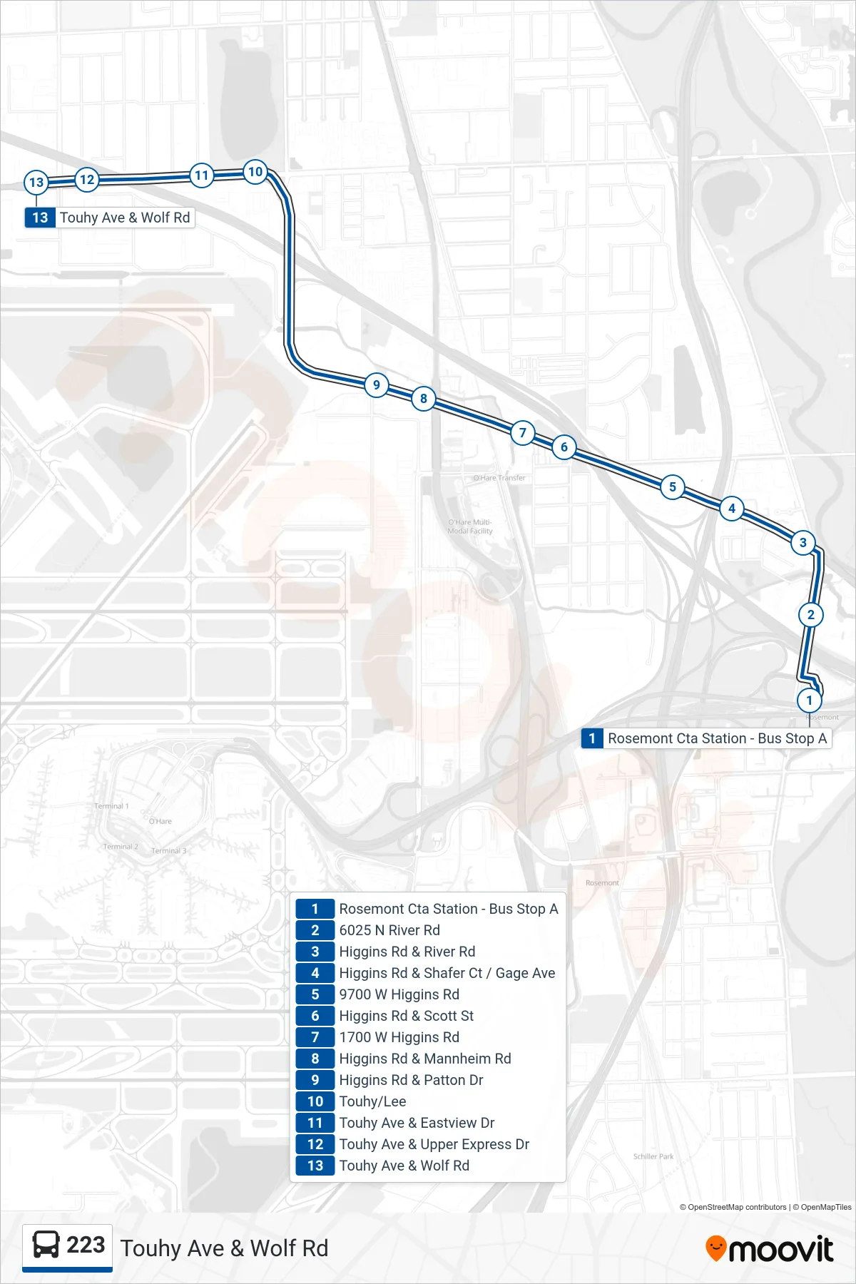 223 bus Line (Touhy Ave & Wolf Rd) route and stops on a map