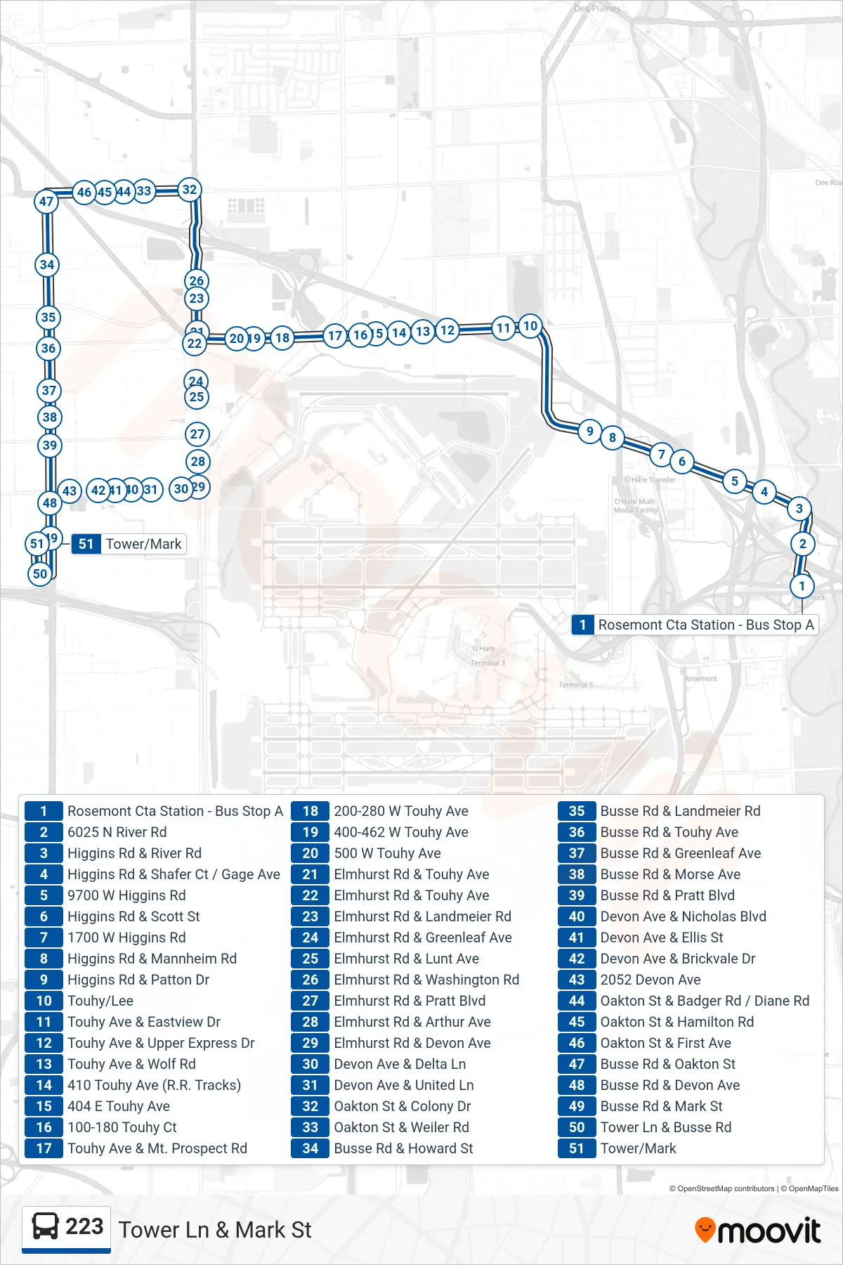 223 bus Line (Tower Ln & Mark St) route and stops on a map