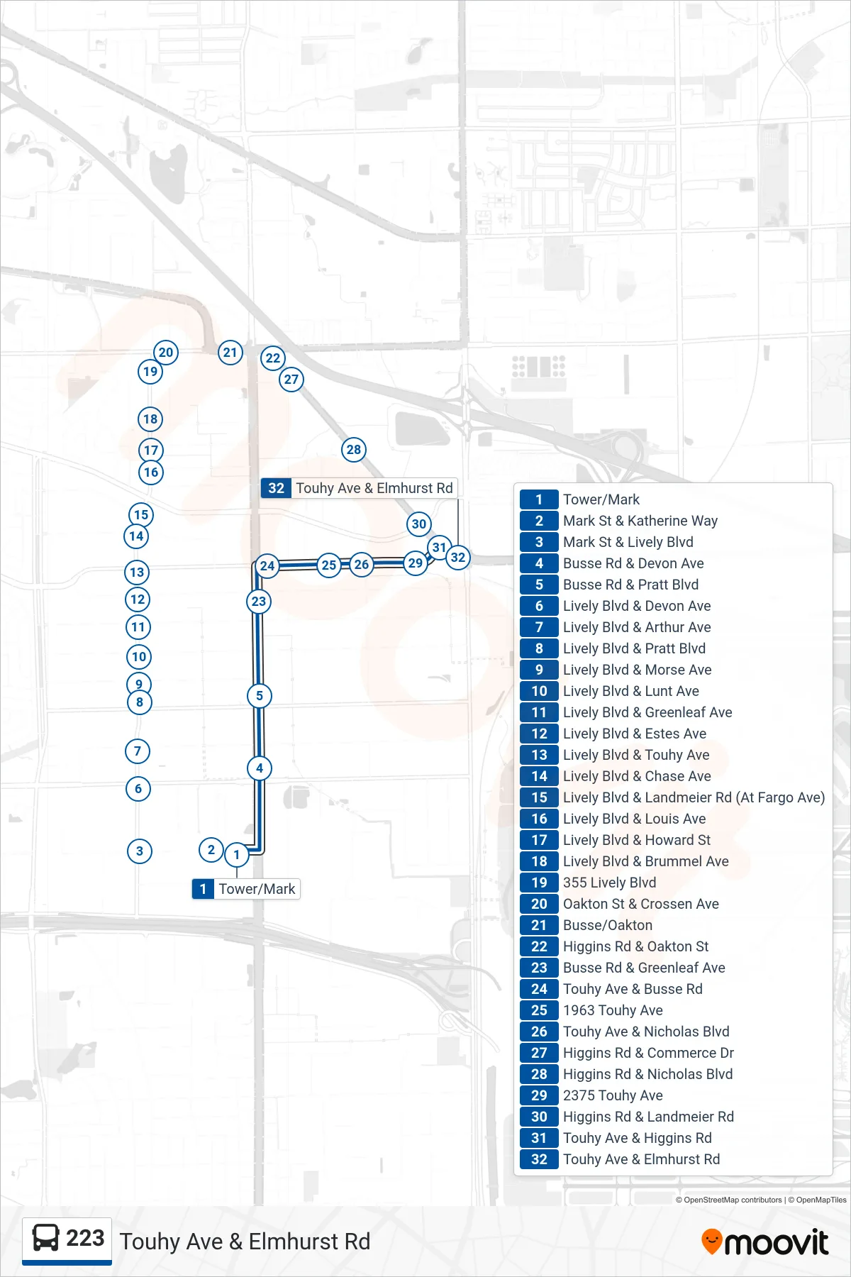 223 bus Line (Touhy Ave & Elmhurst Rd) route and stops on a map