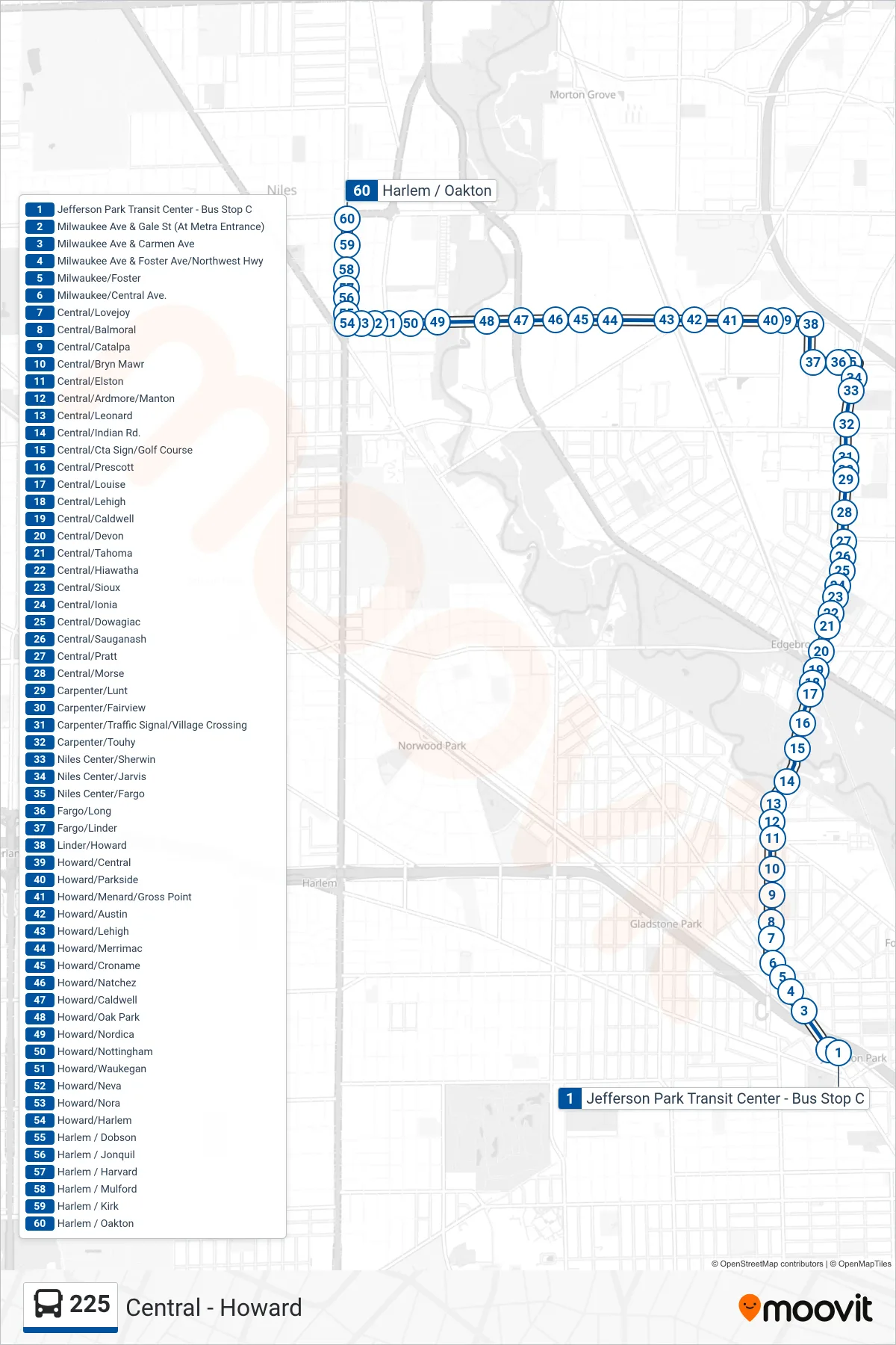 225 bus Line (Harlem / Oakton) route and stops on a map