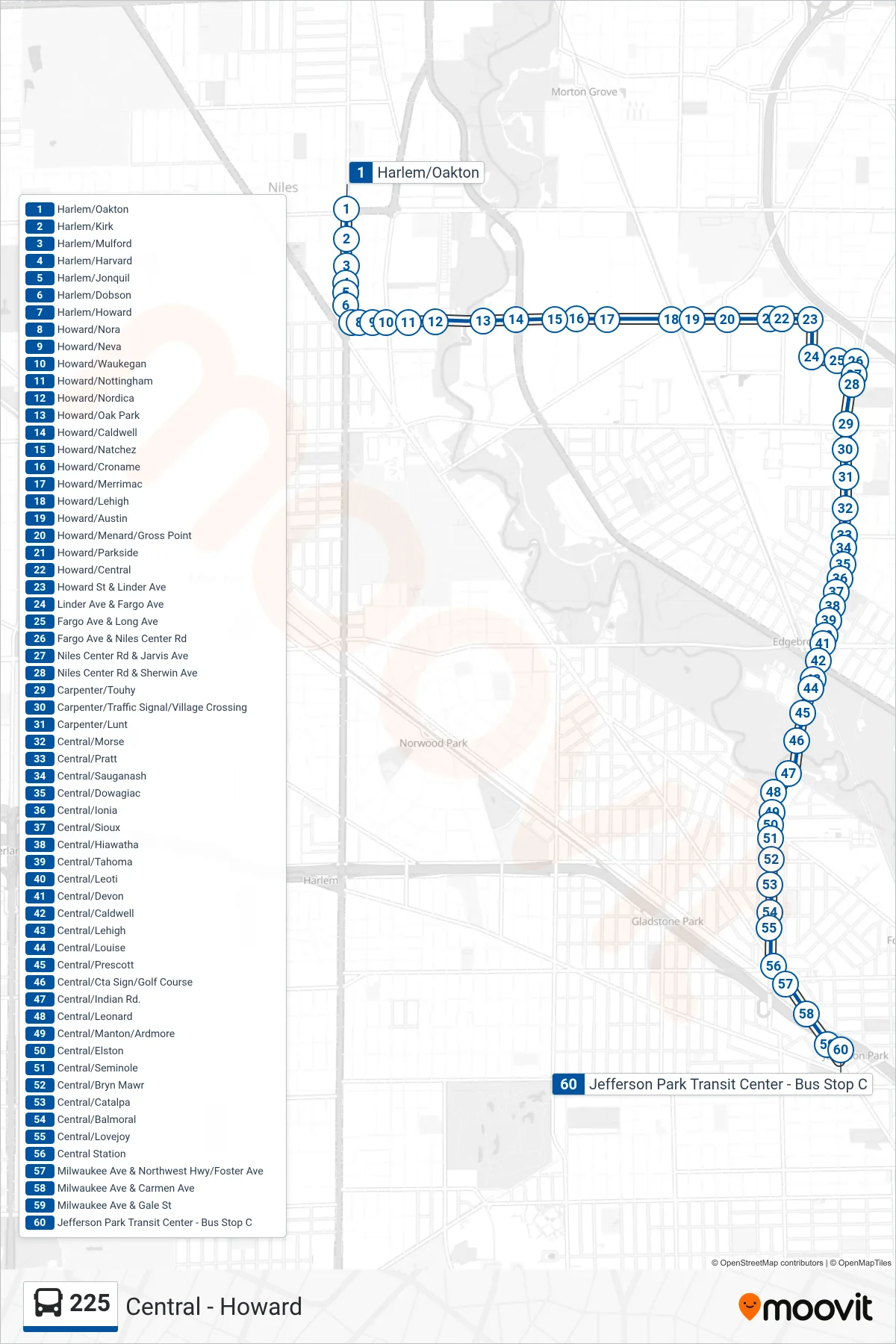 225 bus Line (Jefferson Park Transit Center - Bus Stop C) route and stops on a map