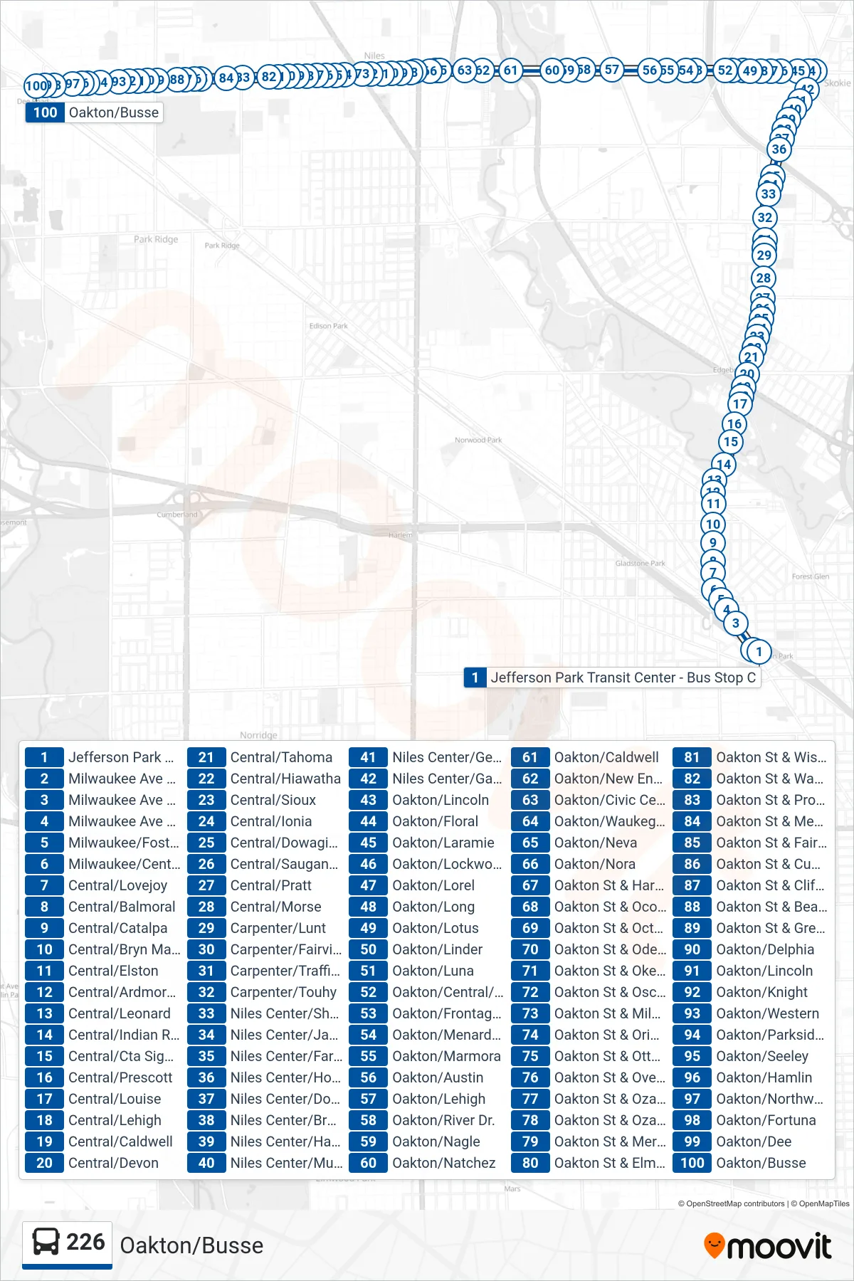 226 bus Line (Oakton/Busse) route and stops on a map