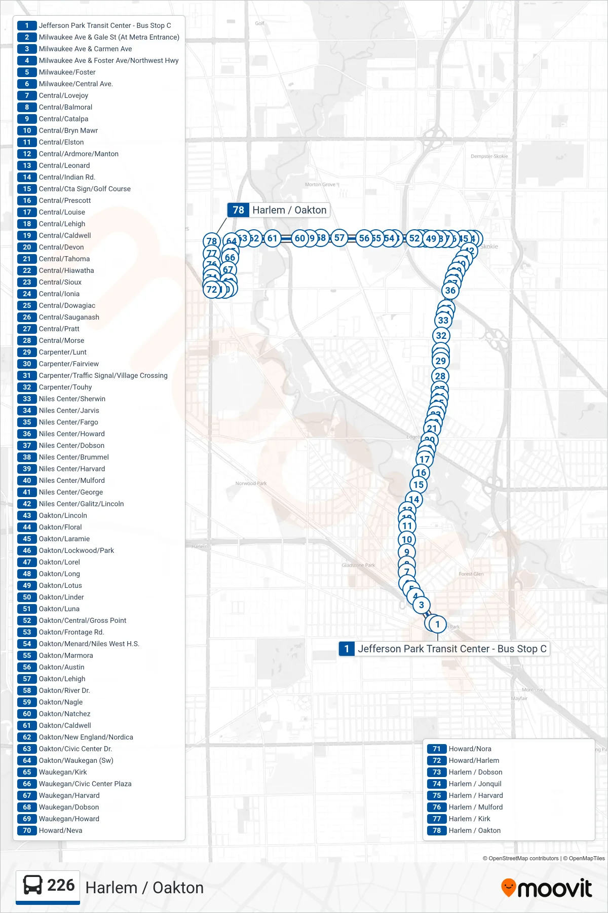 226 bus Line (Harlem / Oakton) route and stops on a map