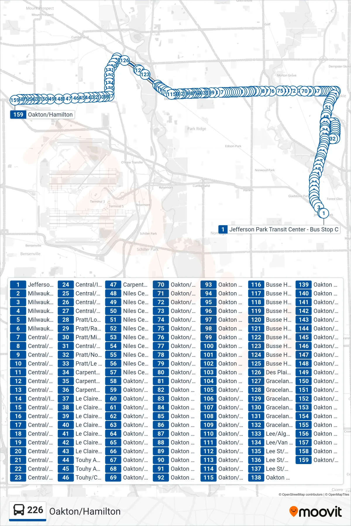 226 bus Line (Oakton/Hamilton) route and stops on a map