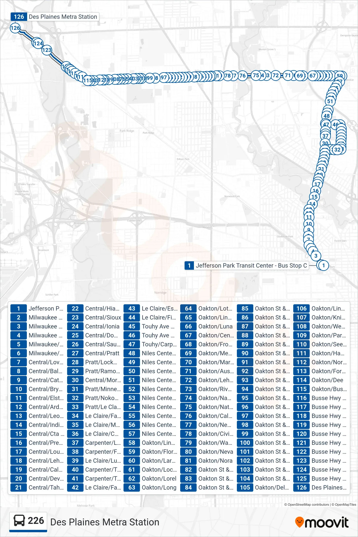 226 bus Line (Des Plaines Metra Station) route and stops on a map