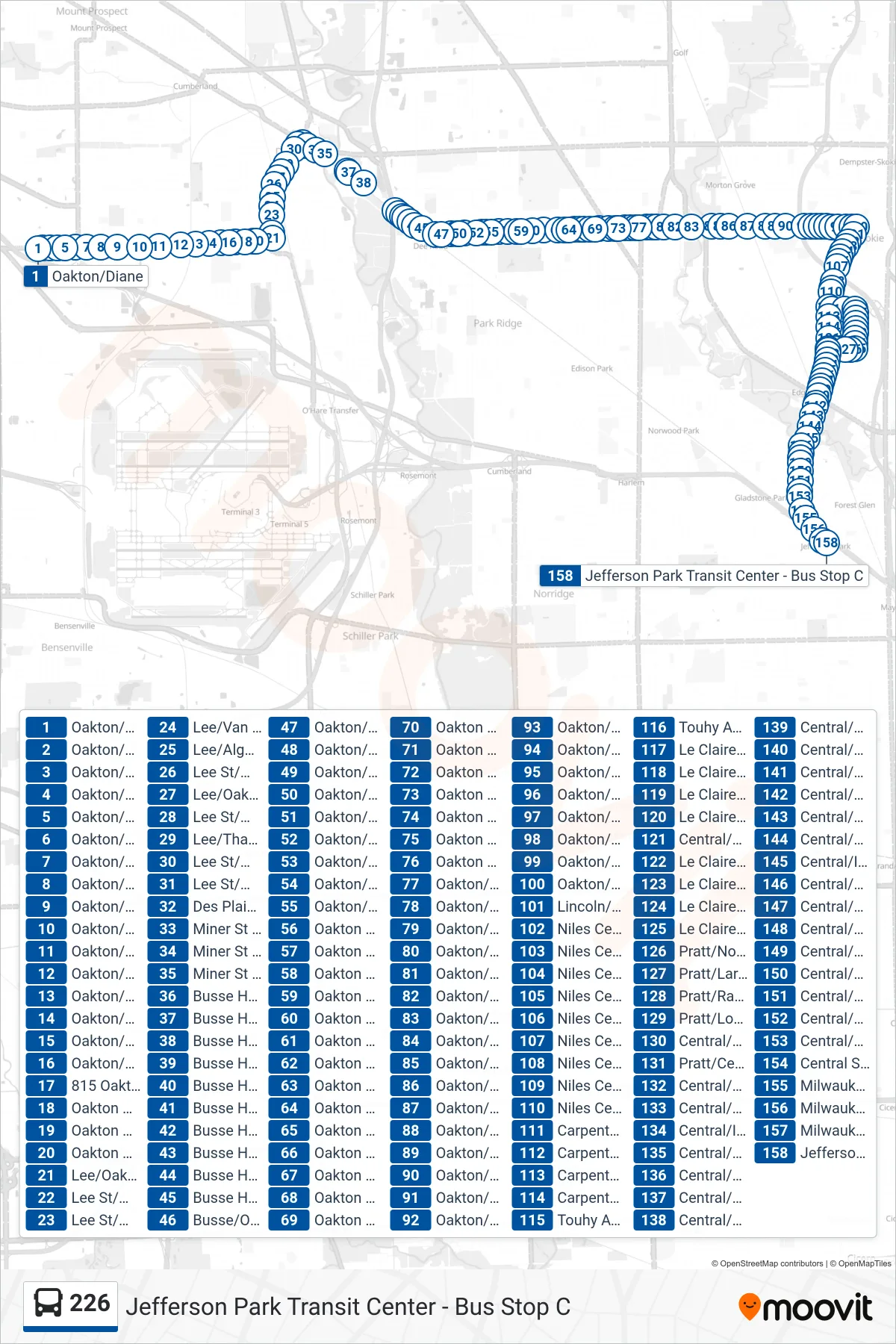 226 bus Line (Jefferson Park Transit Center - Bus Stop C) route and stops on a map
