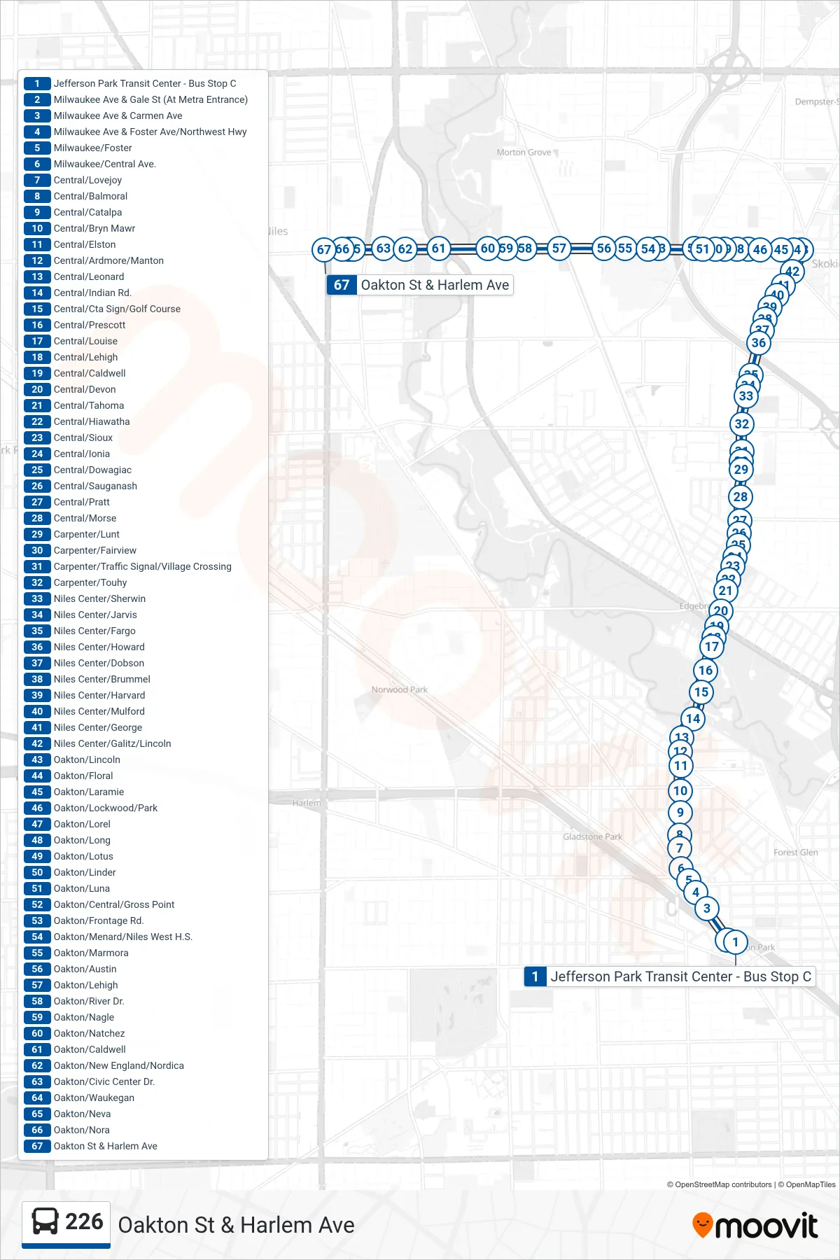 226 bus Line (Oakton St & Harlem Ave) route and stops on a map