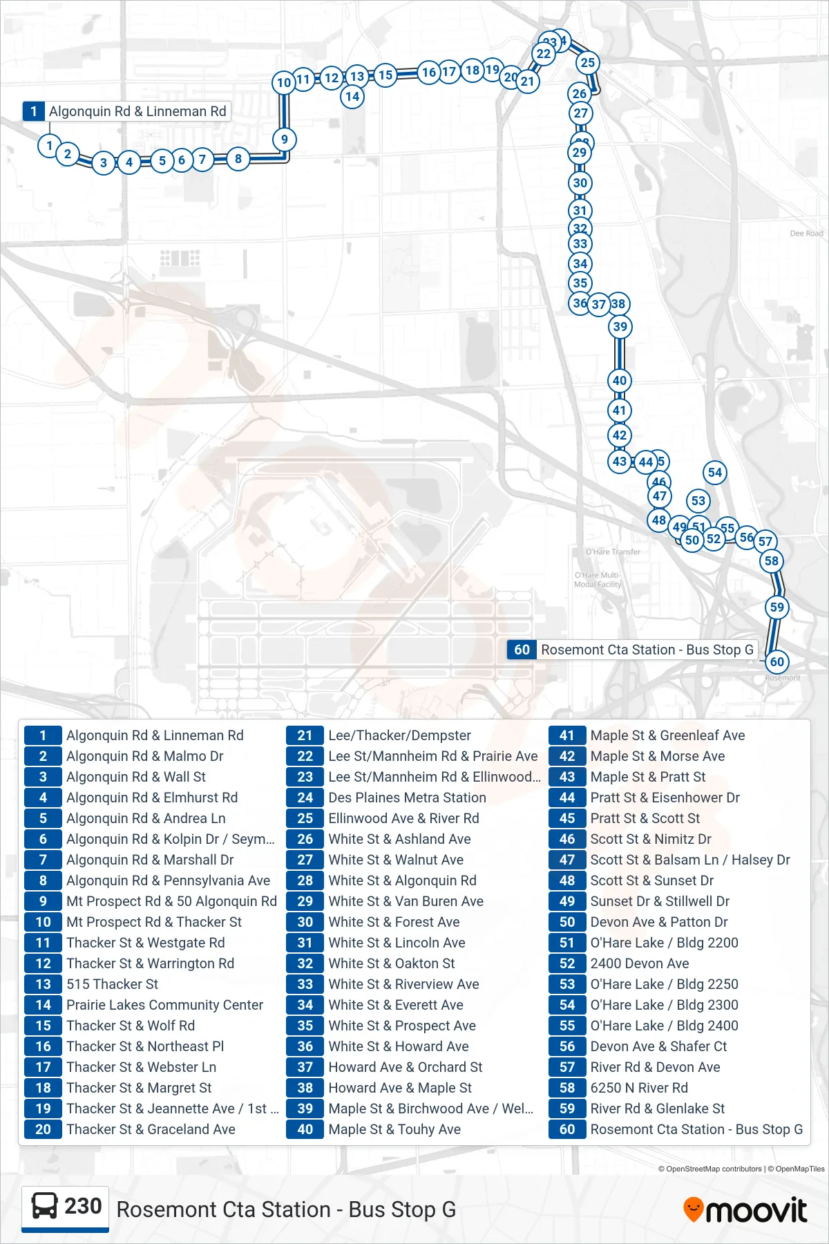 230 bus Line (Rosemont Cta Station - Bus Stop G) route and stops on a map