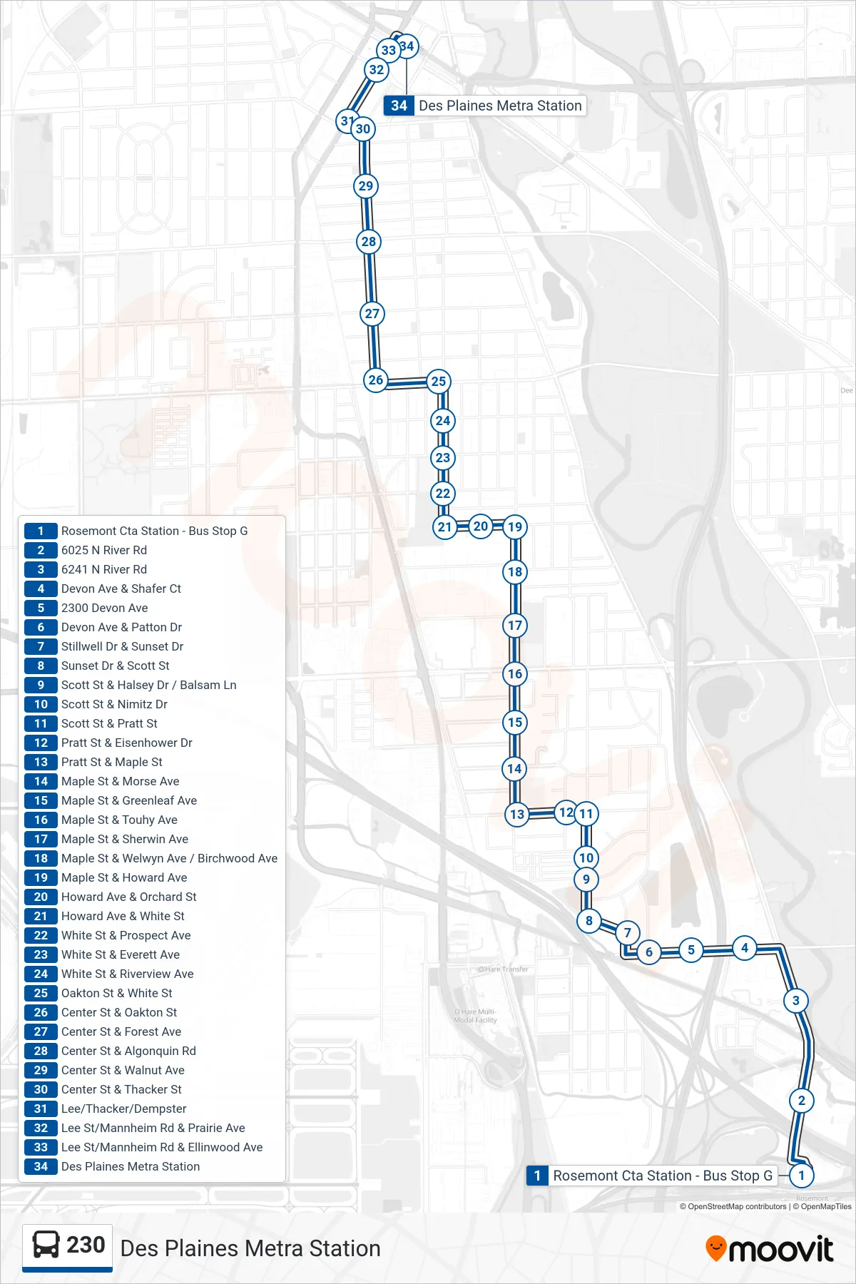 230 bus Line (Des Plaines Metra Station) route and stops on a map