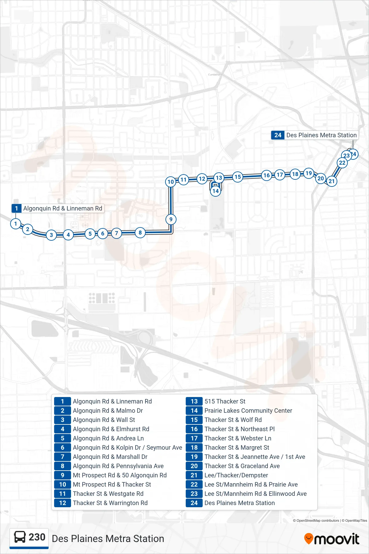 230 bus Line (Des Plaines Metra Station) route and stops on a map