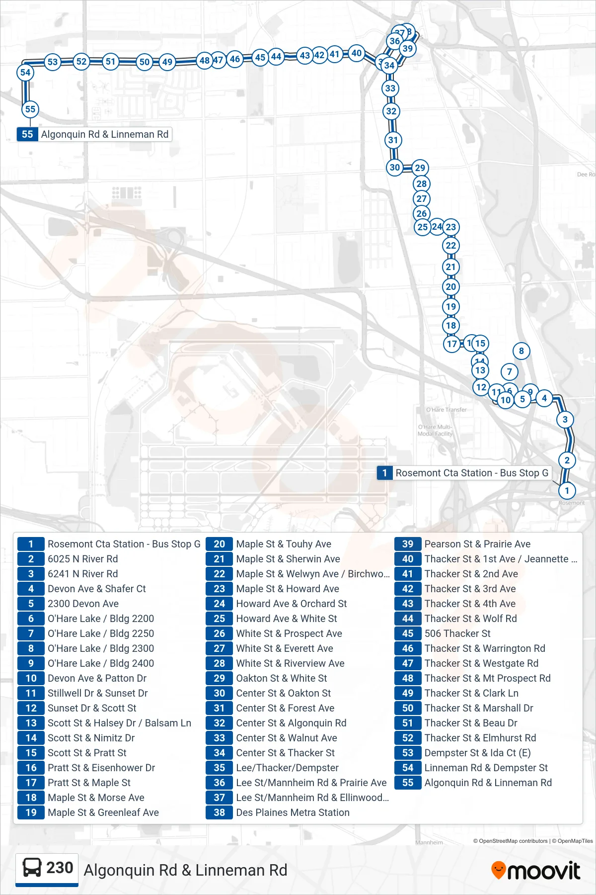 230 bus Line (Algonquin Rd & Linneman Rd) route and stops on a map