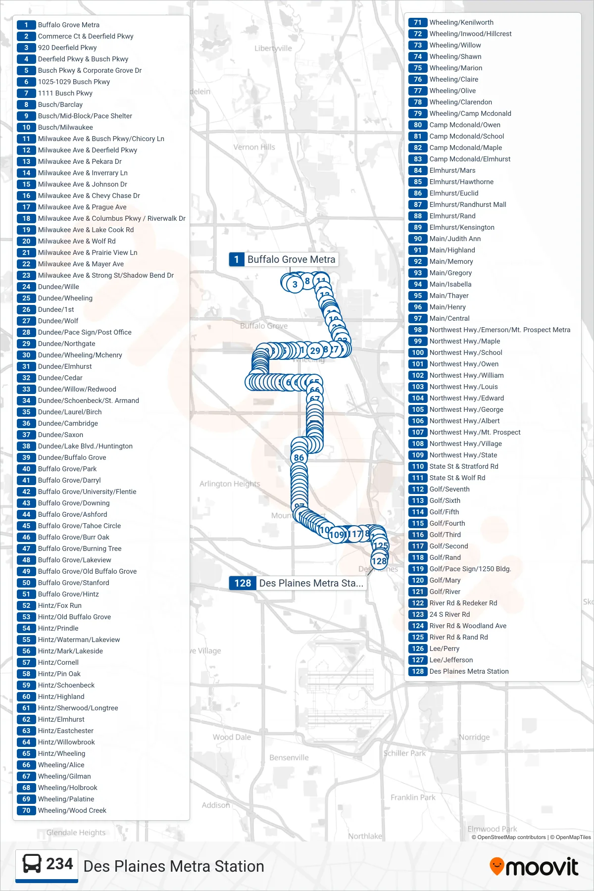 234 bus Line (Des Plaines Metra Station) route and stops on a map