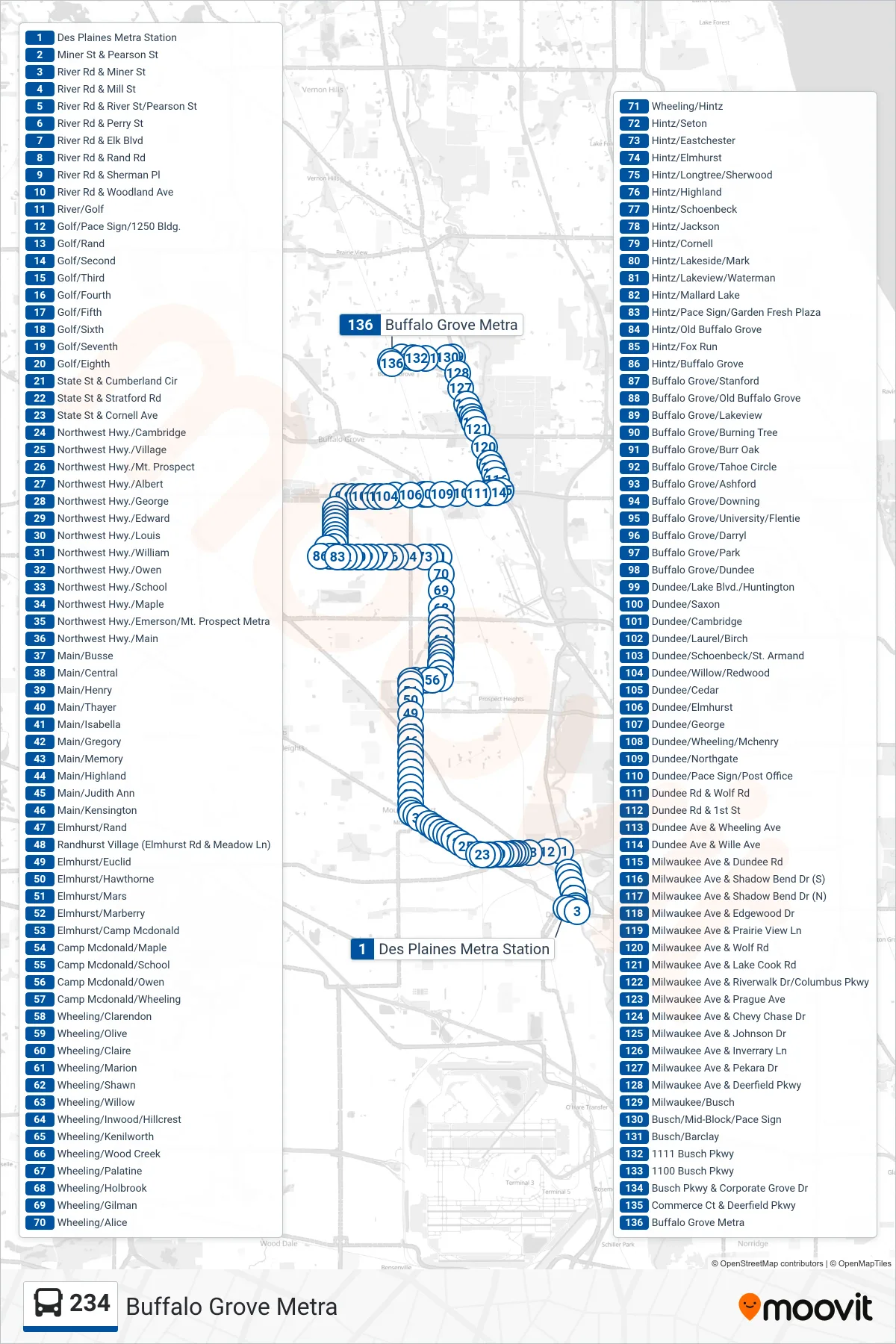 234 bus Line (Buffalo Grove Metra) route and stops on a map