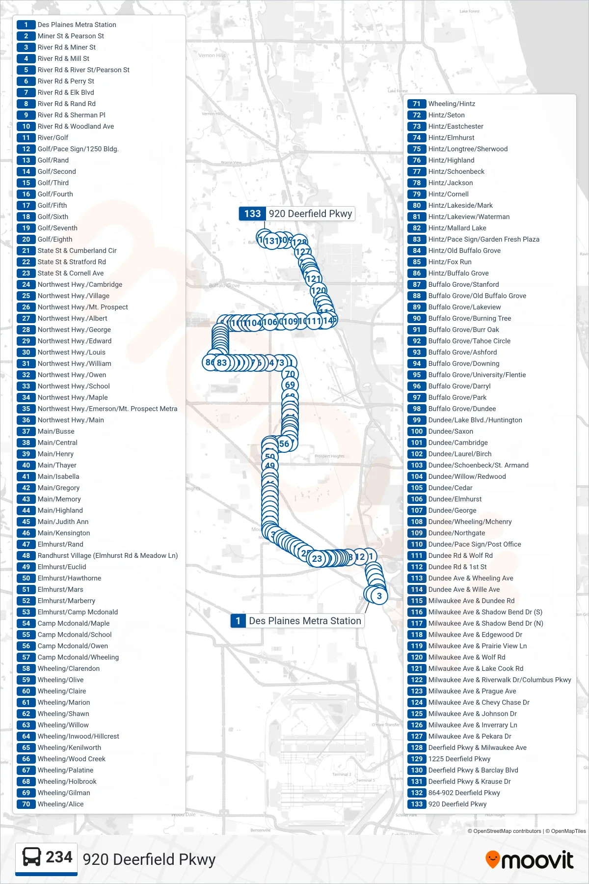 234 bus Line (920 Deerfield Pkwy) route and stops on a map