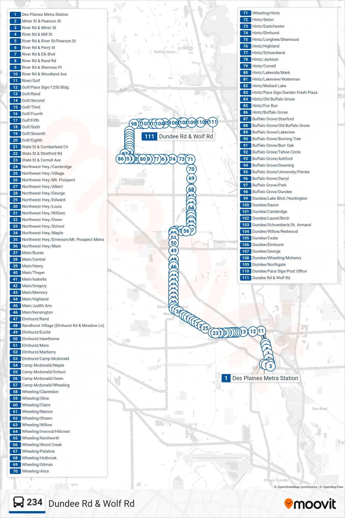 234 bus Line (Dundee Rd & Wolf Rd) route and stops on a map