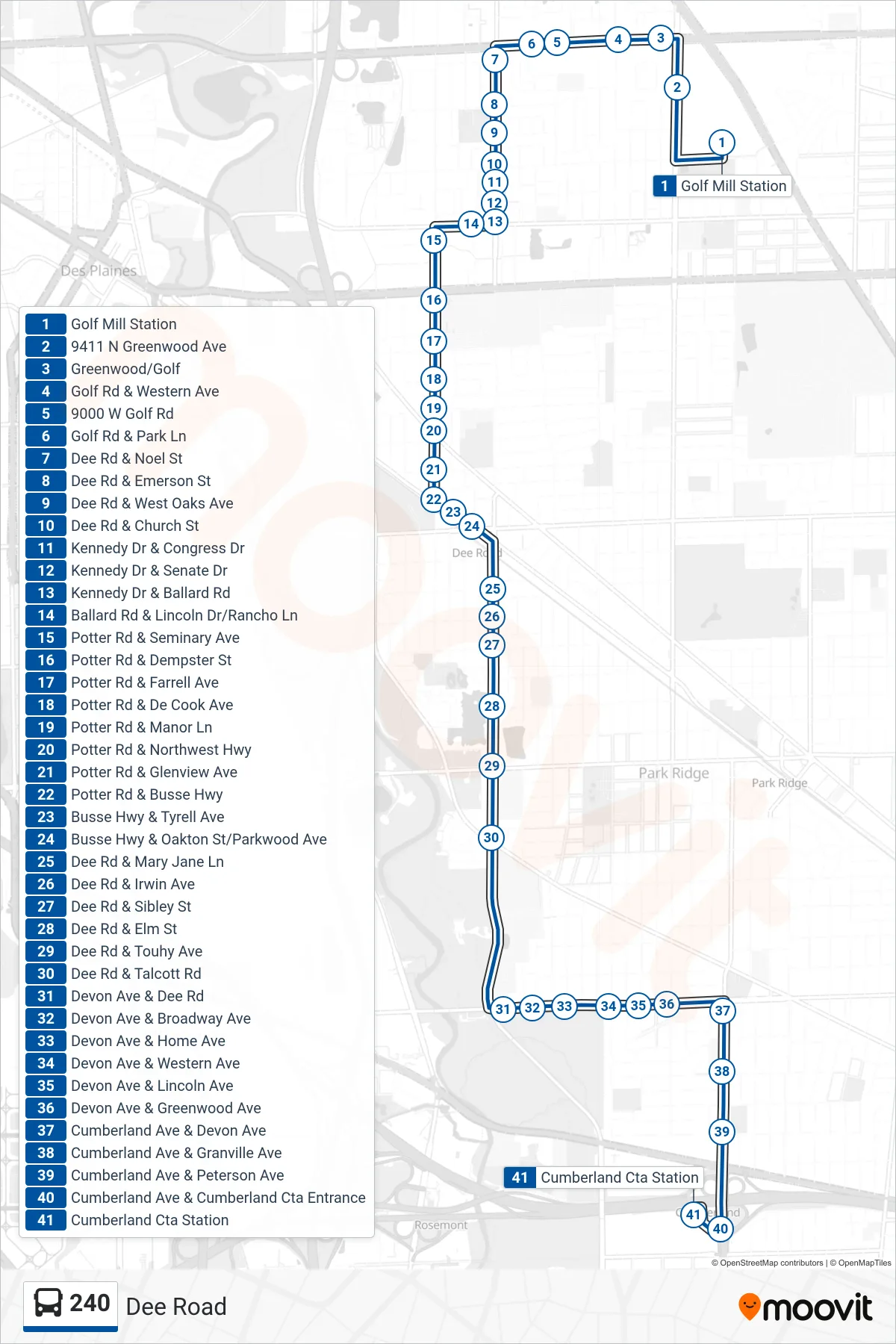240 bus Line (Cumberland Cta Station) route and stops on a map