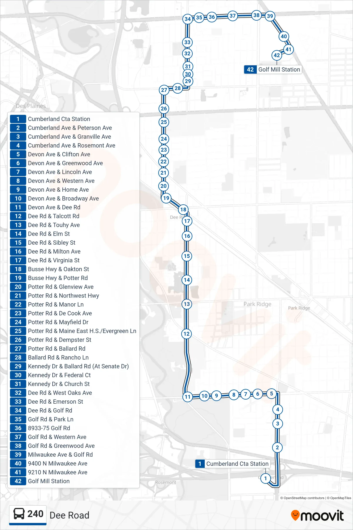 240 bus Line (Golf Mill Station) route and stops on a map