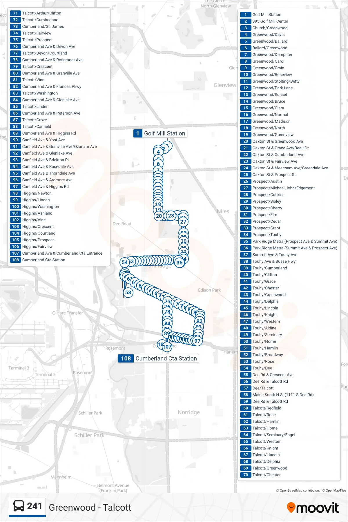 241 bus Line (Cumberland Cta Station) route and stops on a map