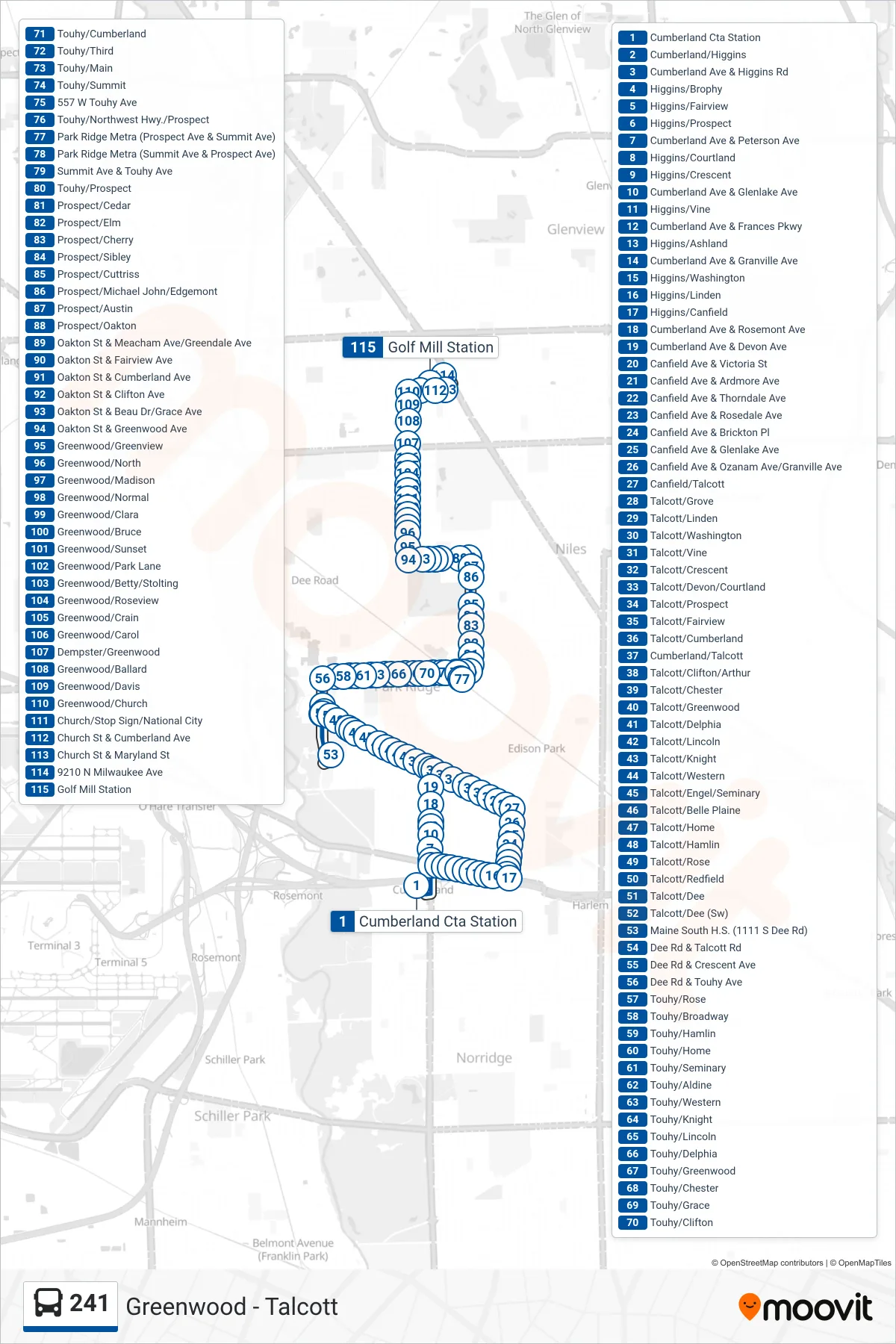 241 bus Line (Golf Mill Station) route and stops on a map