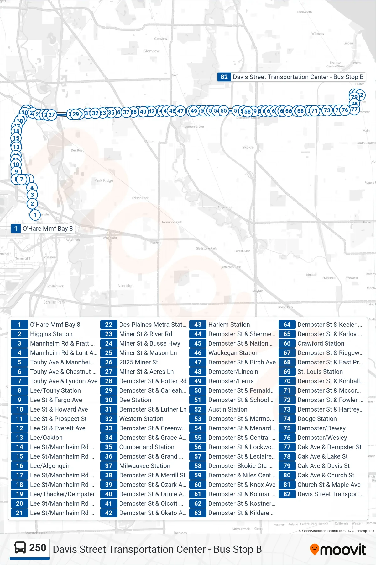 250 bus Line (Davis Street Transportation Center - Bus Stop B) route and stops on a map