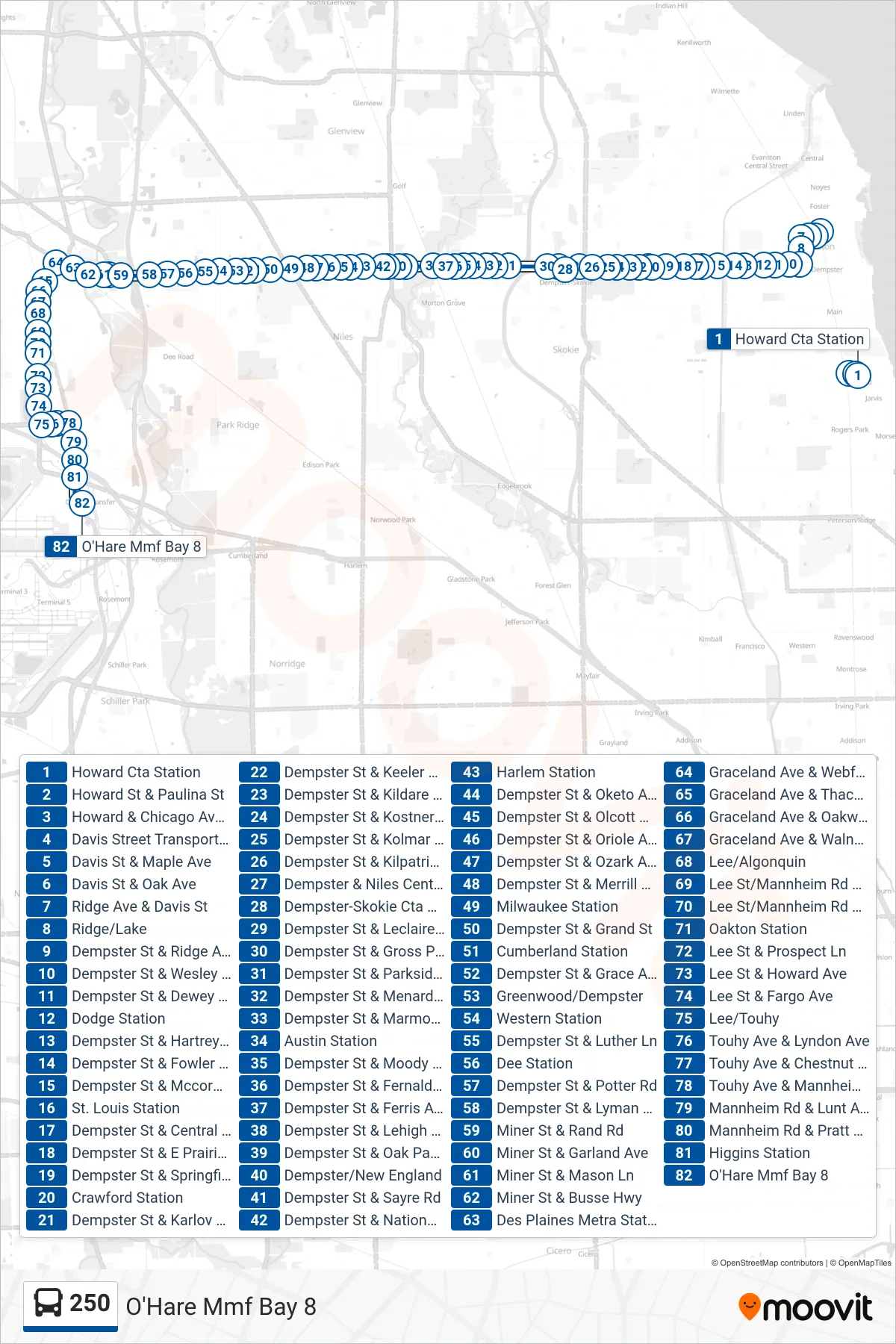250 bus Line (O'Hare Mmf Bay 8) route and stops on a map