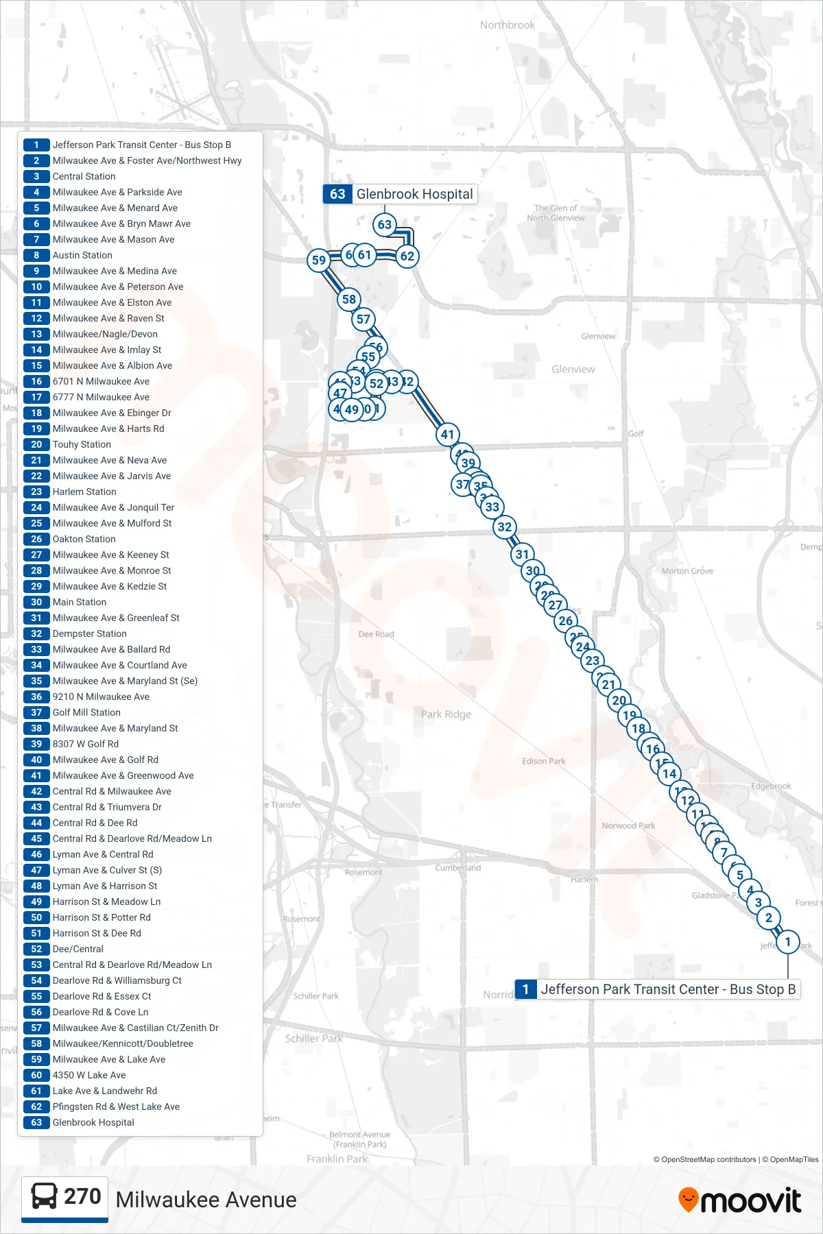 270 bus Line (Glenbrook Hospital) route and stops on a map