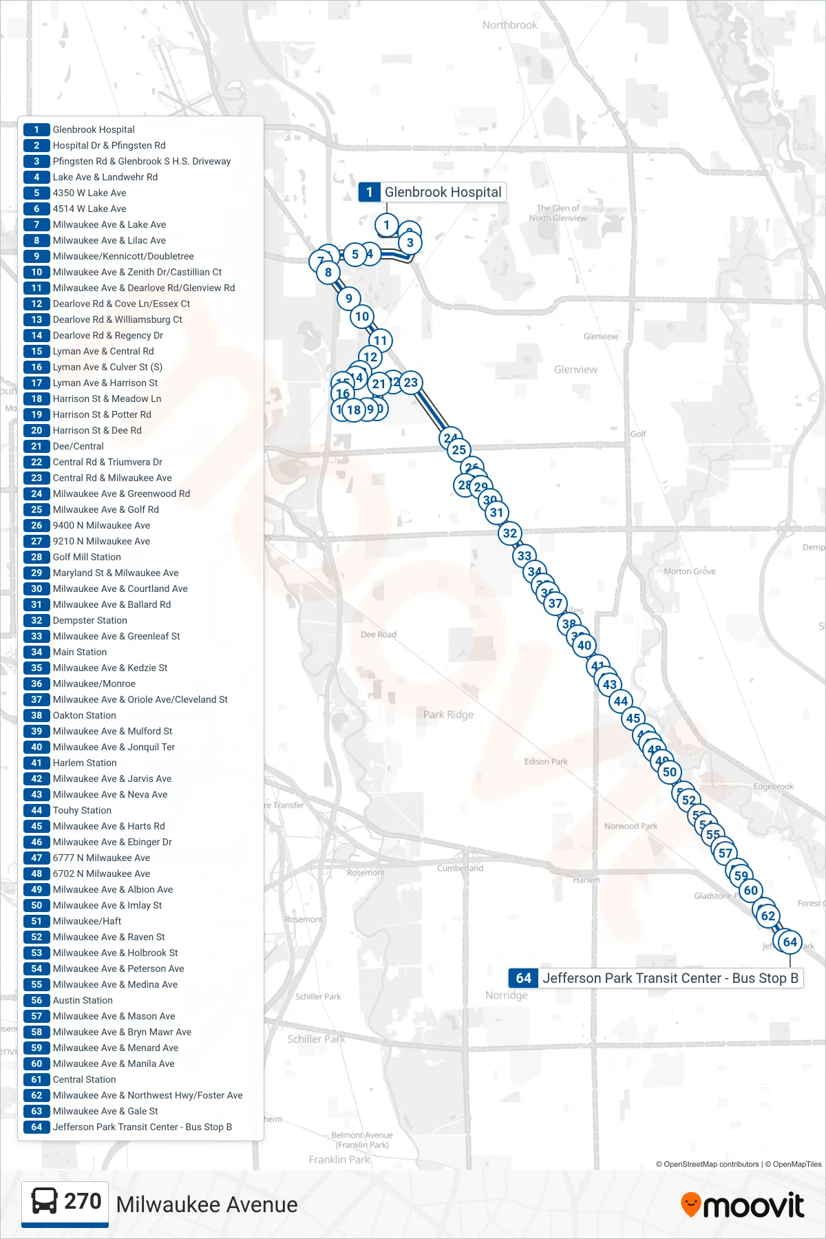 270 bus Line (Jefferson Park Transit Center - Bus Stop B) route and stops on a map