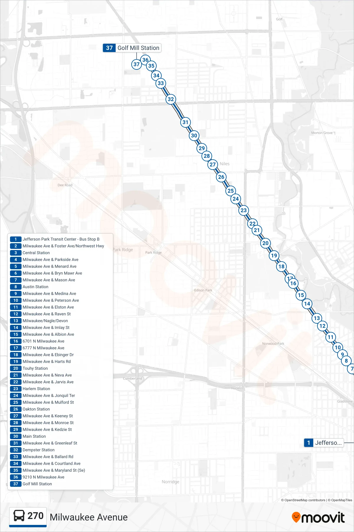 270 bus Line (Golf Mill Station) route and stops on a map