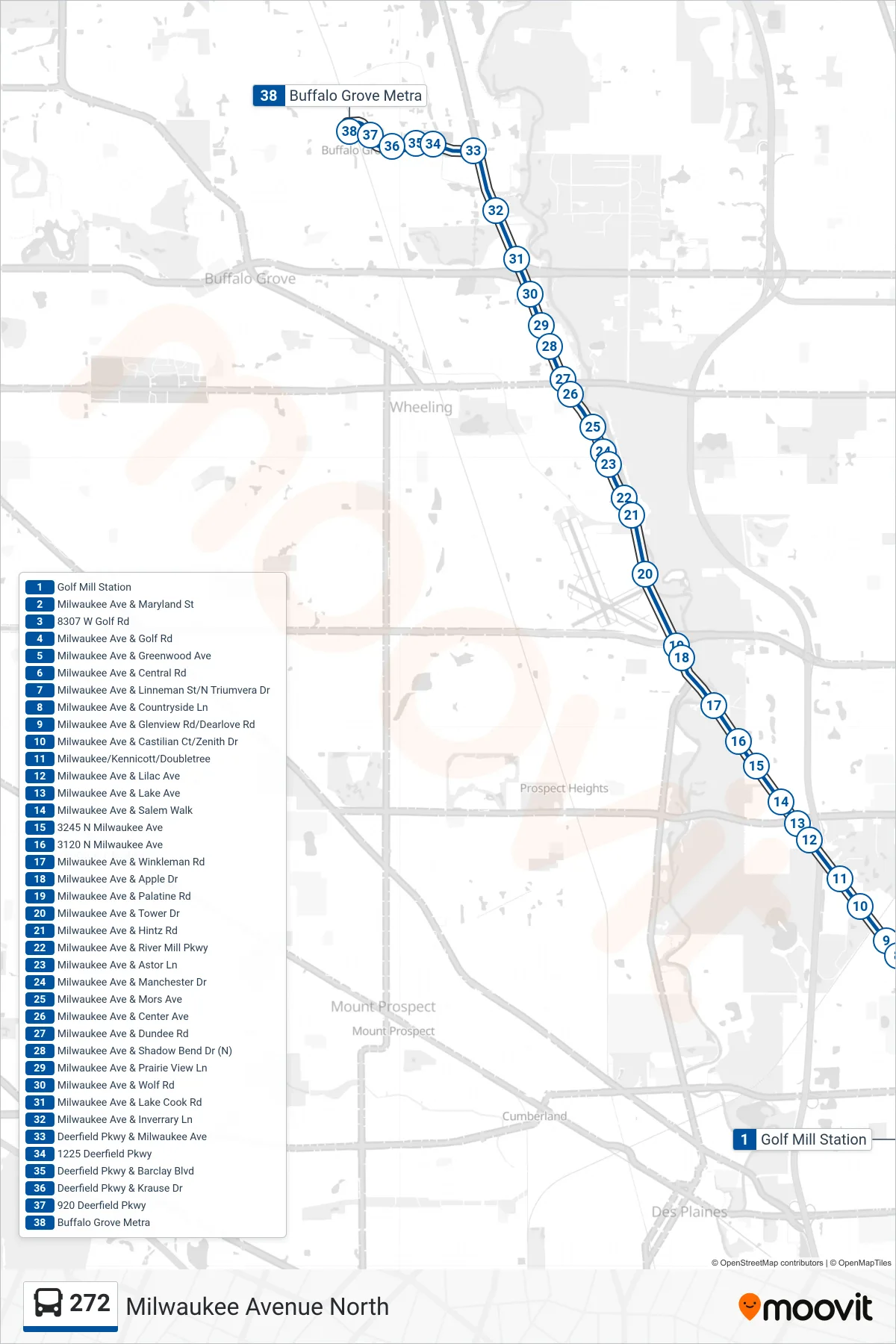 272 bus Line (Buffalo Grove Metra) route and stops on a map