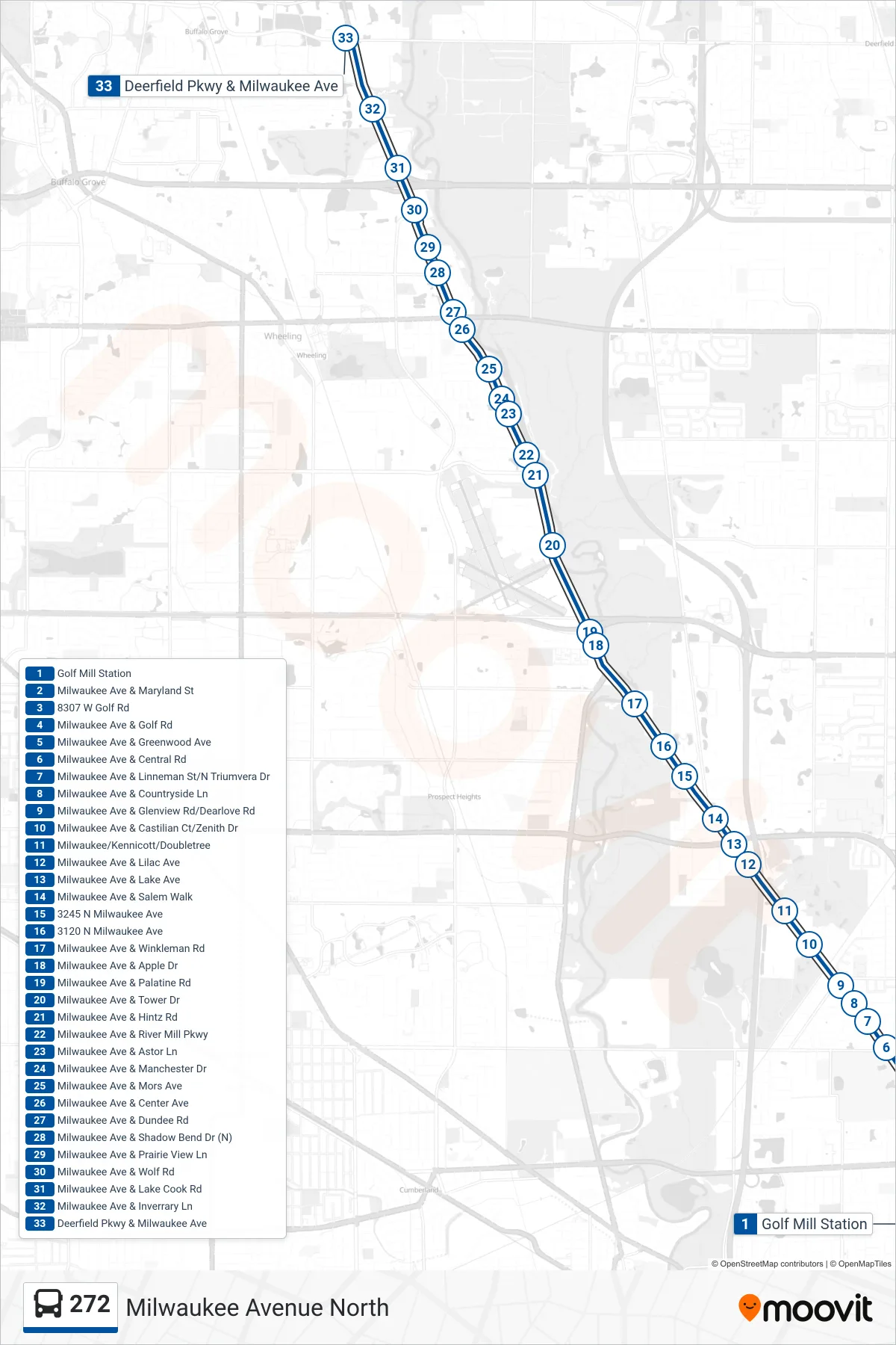 272 bus Line (Deerfield Pkwy & Milwaukee Ave) route and stops on a map