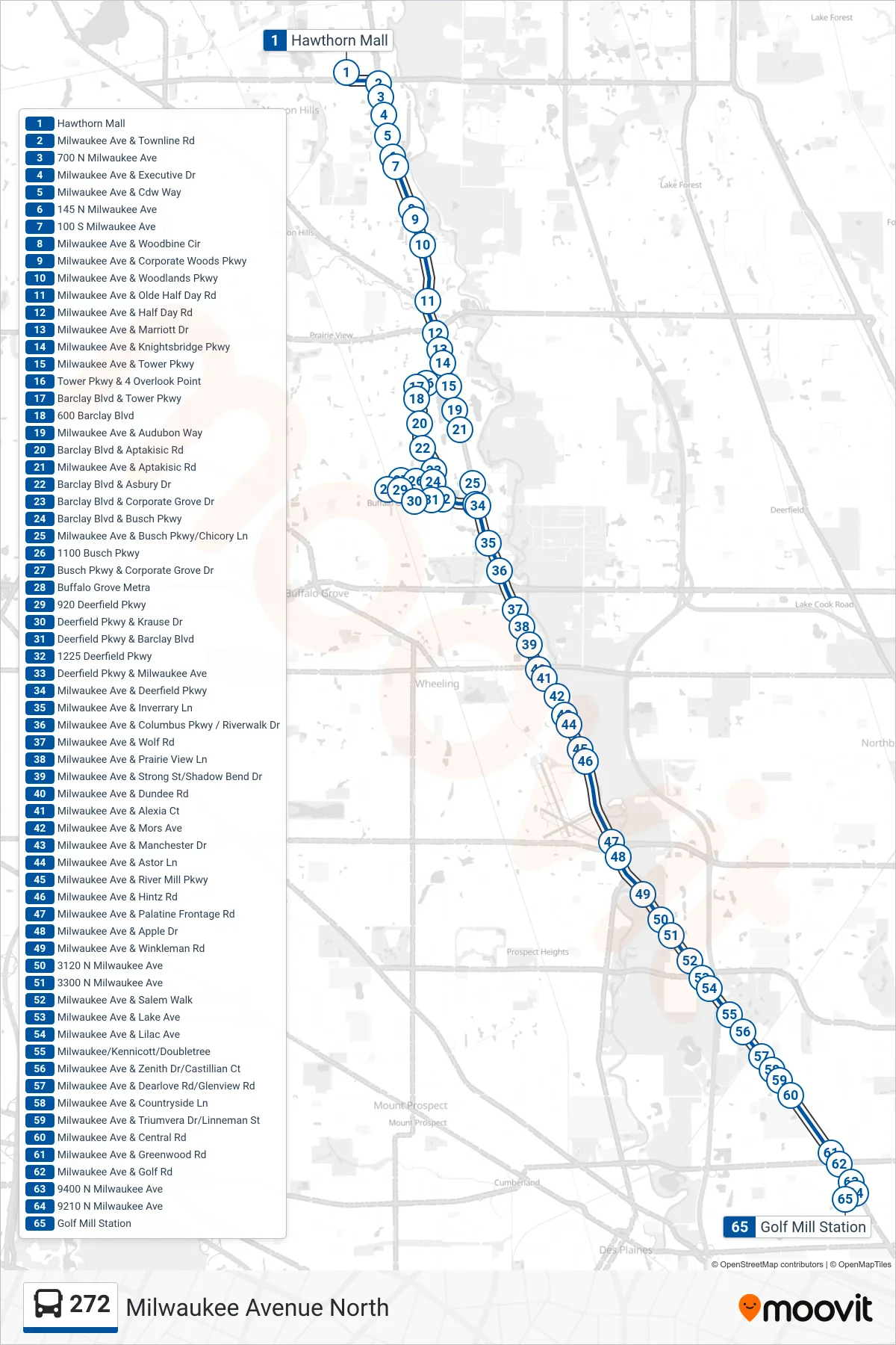 272 bus Line (Golf Mill Station) route and stops on a map