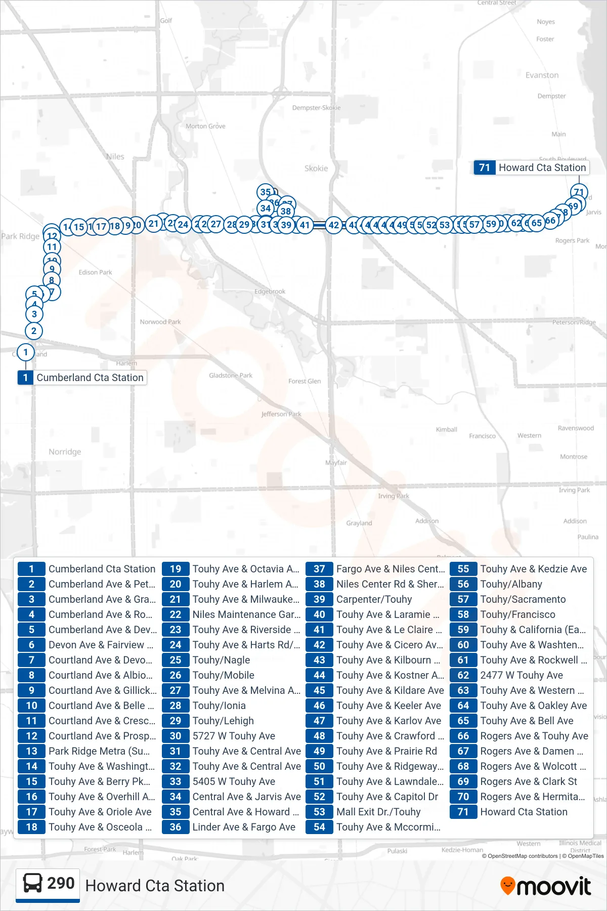 290 bus Line (Howard Cta Station) route and stops on a map
